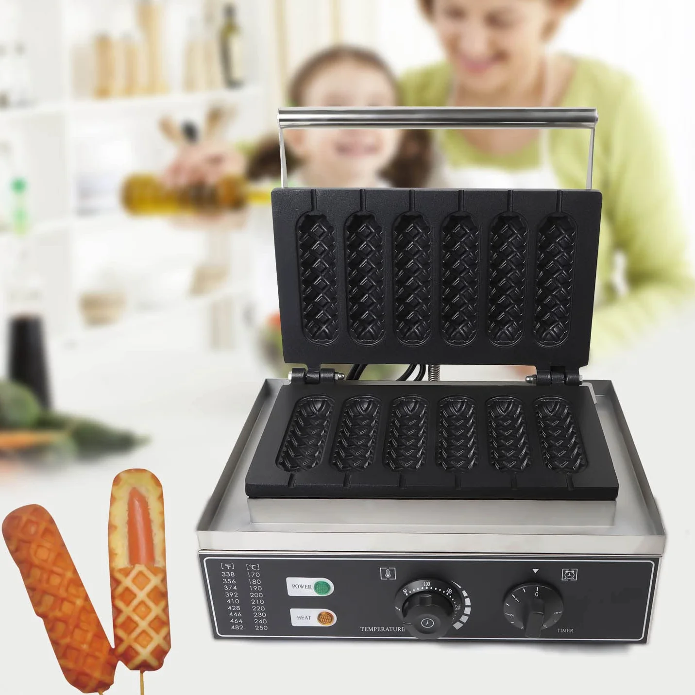 Gofrera máquina de gofrera máquina automática de gofres Temporizador Gastro sin palo para Francés Hotdog Anti Revestimiento Led Luz Comercial Eléctrica Waffle Waffle Máquina eléctrica