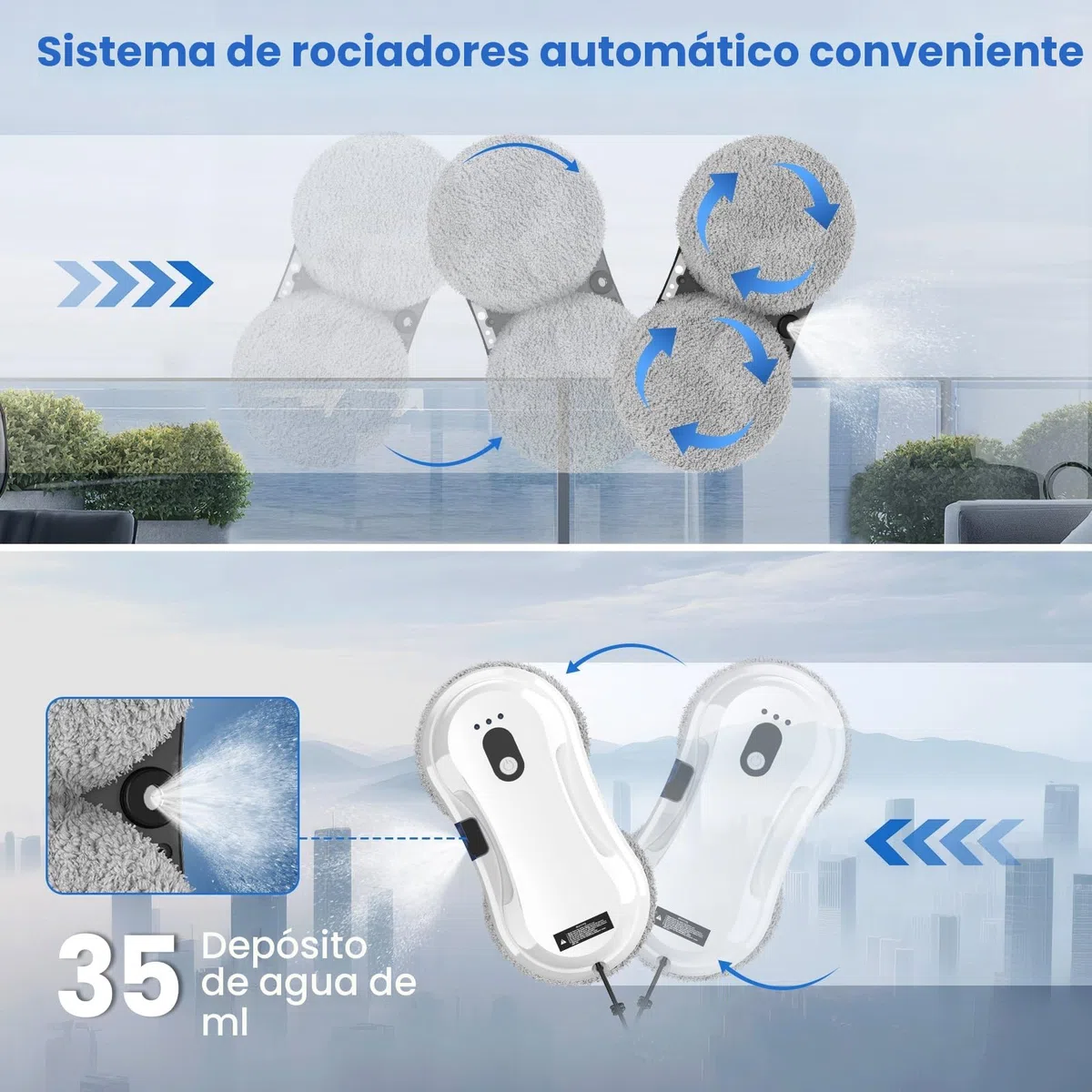 Robot Limpiacristales, Limpia Cristales Eléctrico Ventanas con Spray de Agua, Mando a Distancia, Robot Limpia Cristales, Sistema UPS Anticaída, Navegación Inteligente, Detección de Bordes, 10 Paños
