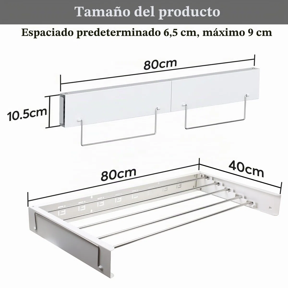 Tendedero montado en la pared, 80 cm, extensible, secador de pared con dos lengüetas, acero inoxidable, plegable, ahorra espacio, montado en la pared, tendedero para interiores y exteriores