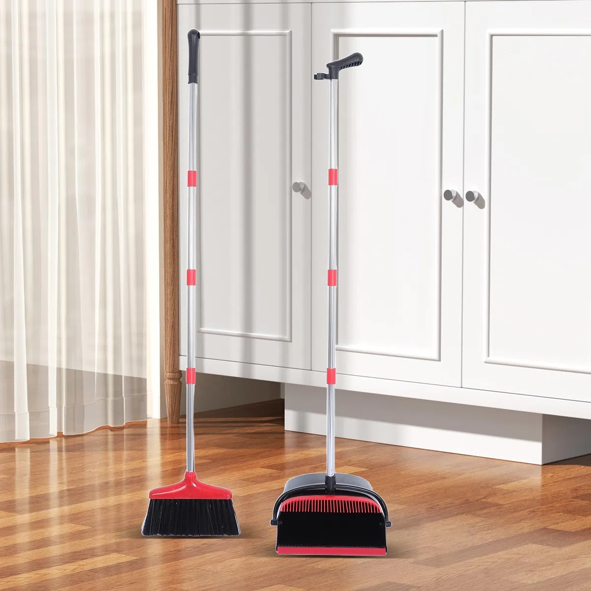 ibasenice Juego de Escoba y recogedor con Mango Largo de 137 cm (54"), Escoba y recogedor de pie para el hogar, la Cocina y la Oficina. El Cuenta con Dientes autolimpiables para Recoger el