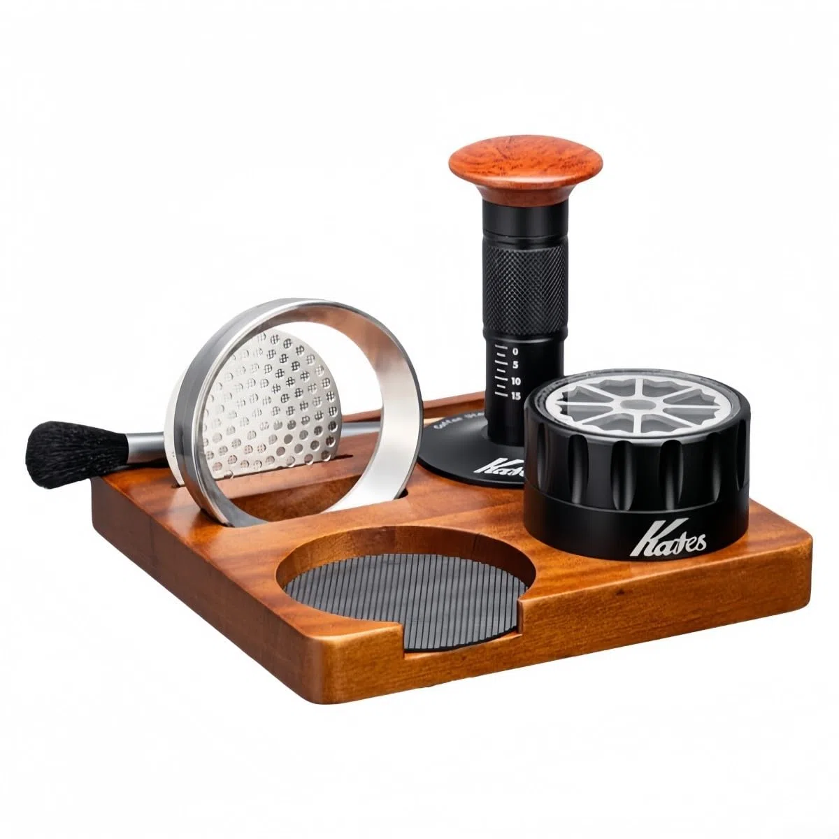 Kit de 6 accesorios para máquina de espresso, juego de accesorios de café espresso que incluye estación de apisonamiento de madera, distribuidor, cepillo de embudo dosificador para accesorios de café