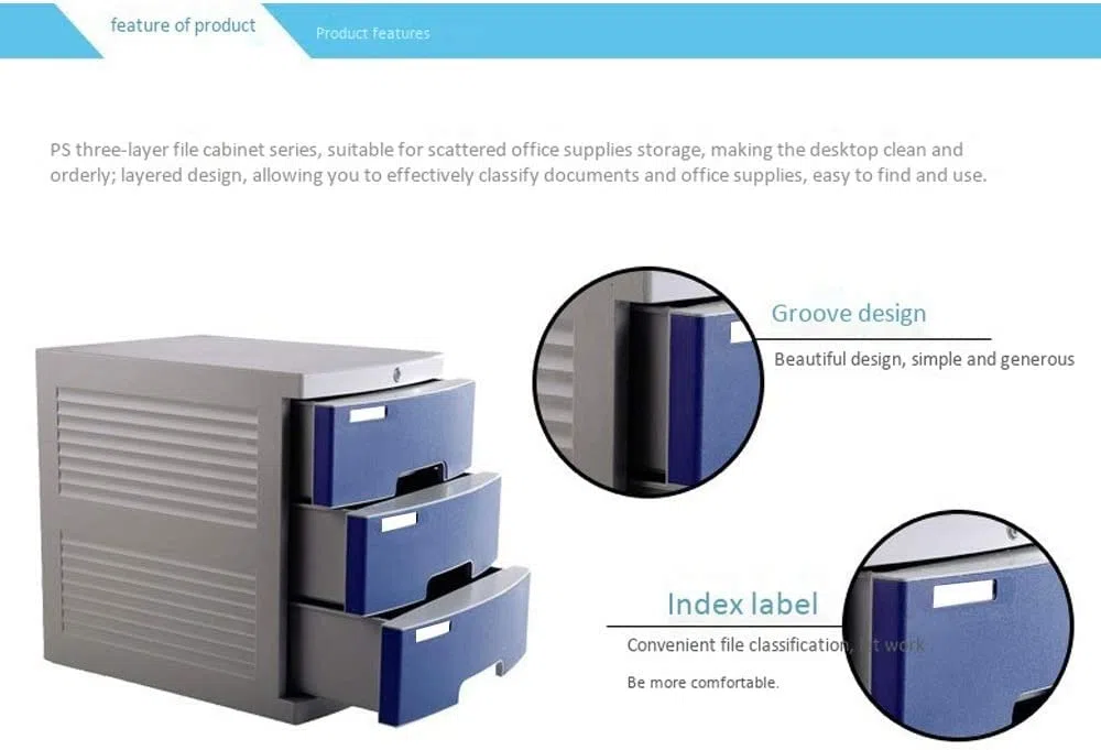 Archivador de plástico con 3 cajones para papelería de oficina con caja de almacenamiento de escritorio para seguridad y organización