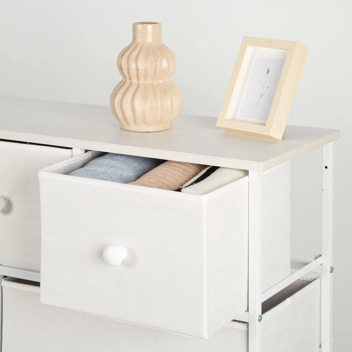 AKTIVE Max Home Cómoda dormitorio multiusos, 9 cajones de tela ligeros, 100x30x100 cm, Estructura acero, Tablero madera, Color blanco, Con sistema de nivelación, Organización, Almacenamiento (18407)
