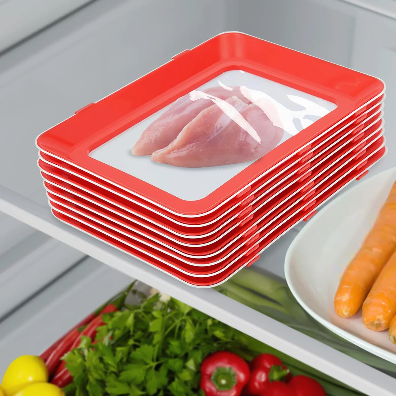 8 unidades de organizador para frigorífico, bandeja de conservación apilable, fiambrera, fiambrera, fiambrera, contenedor de almacenamiento de alimentos, refrigerador, bandeja de preservación