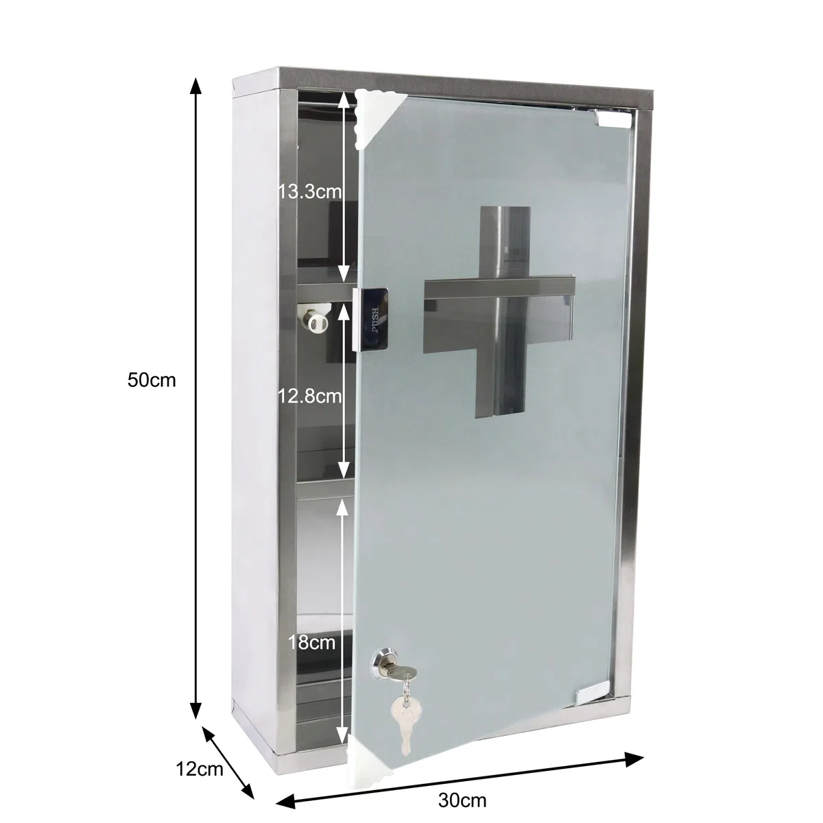 NAIZY Armario Médico de Farmacia de Acero Inoxidable con Puerta de Cristal Opaco y 2 Llaves 30x12x30 cm (3 Compartimentos)