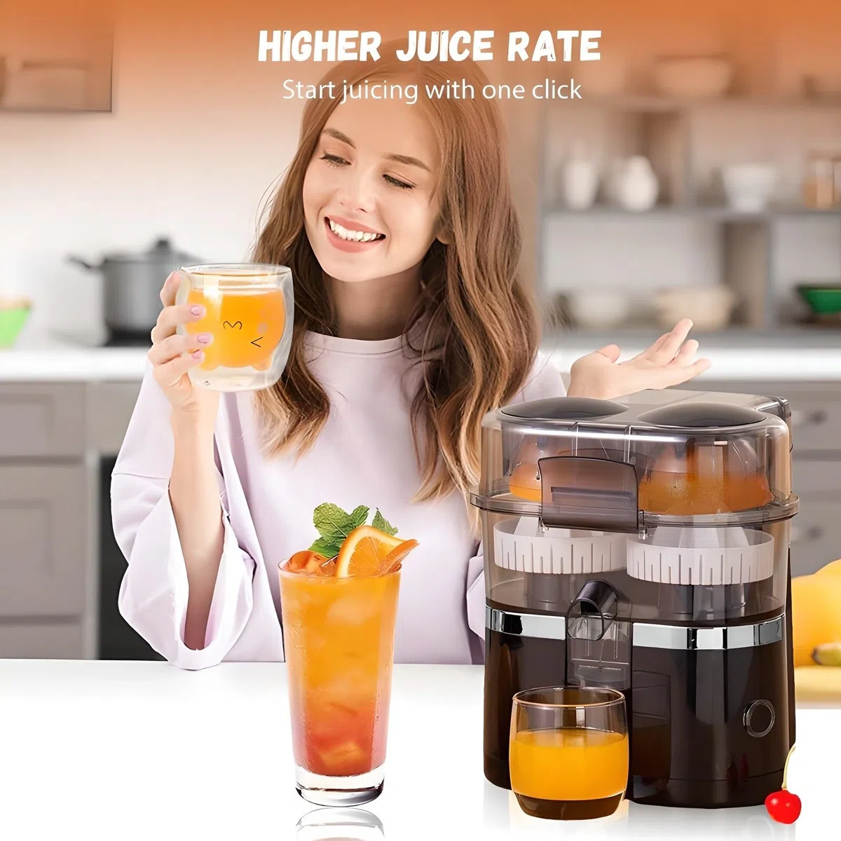 Exprimidor eléctrico de Doble Cabezal, con 8 Dientes y Doble Orificio, Potente Motor de 15000 RPM y Cortador de Fruta Integrado, para limón y Naranja