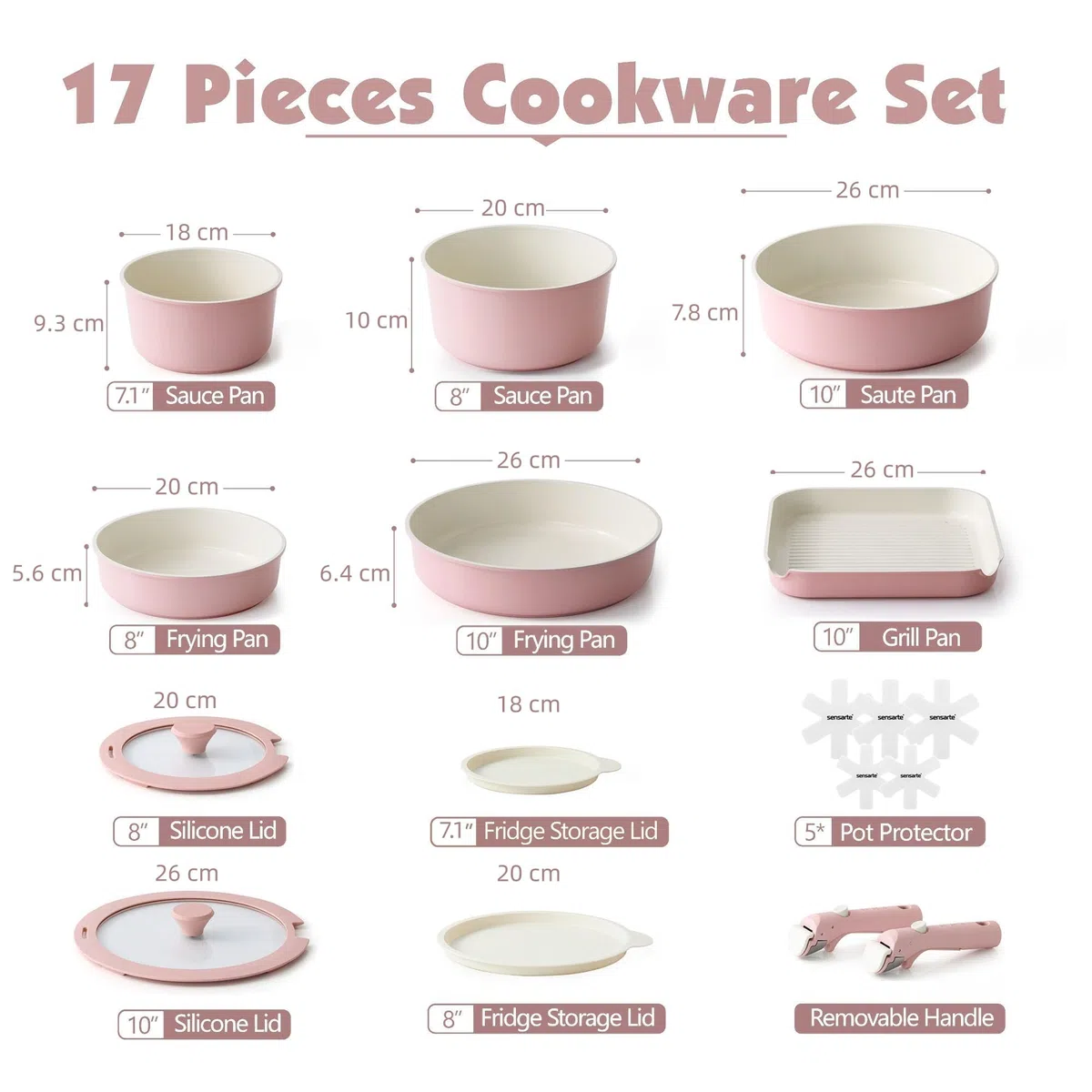 SENSARTE Juego de Ollas y Sartenes de Cerámica 17 Piezas, Utensilios de Cocina Antiadherentes con Mango Desmontable, Apto para Todo Tipo de Cocinas, Aptos para Lavavajillas y Horno (Rosa)
