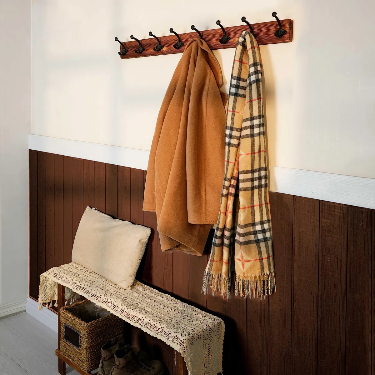 WEBI Percheros Pared Madera,8 Ganchos de Hierro Fundido,Colgador Pared,Percha Pared,Colgadores Pared,5 Ganchos Para Abrigos,Chaqueta,Marrón