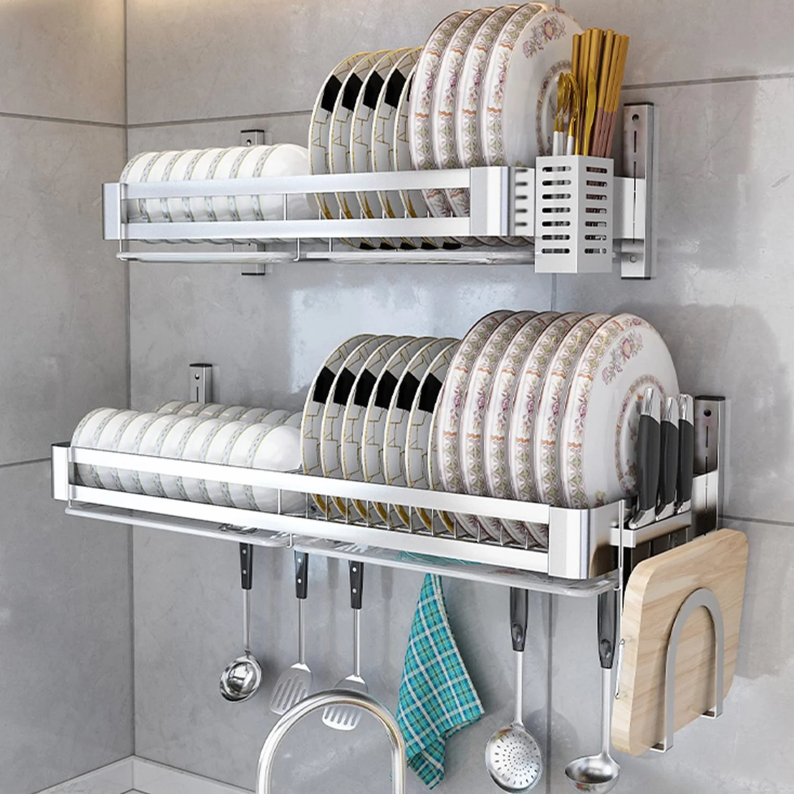 HJXGQJM Escurreplatos Acero Inoxidable, Escurridor De Platos For Colgar En La Pared,para Secar Platos con Bandeja De Goteo Y Soporte Plata 60cm/80cm Escurreplatos(60x30cm)