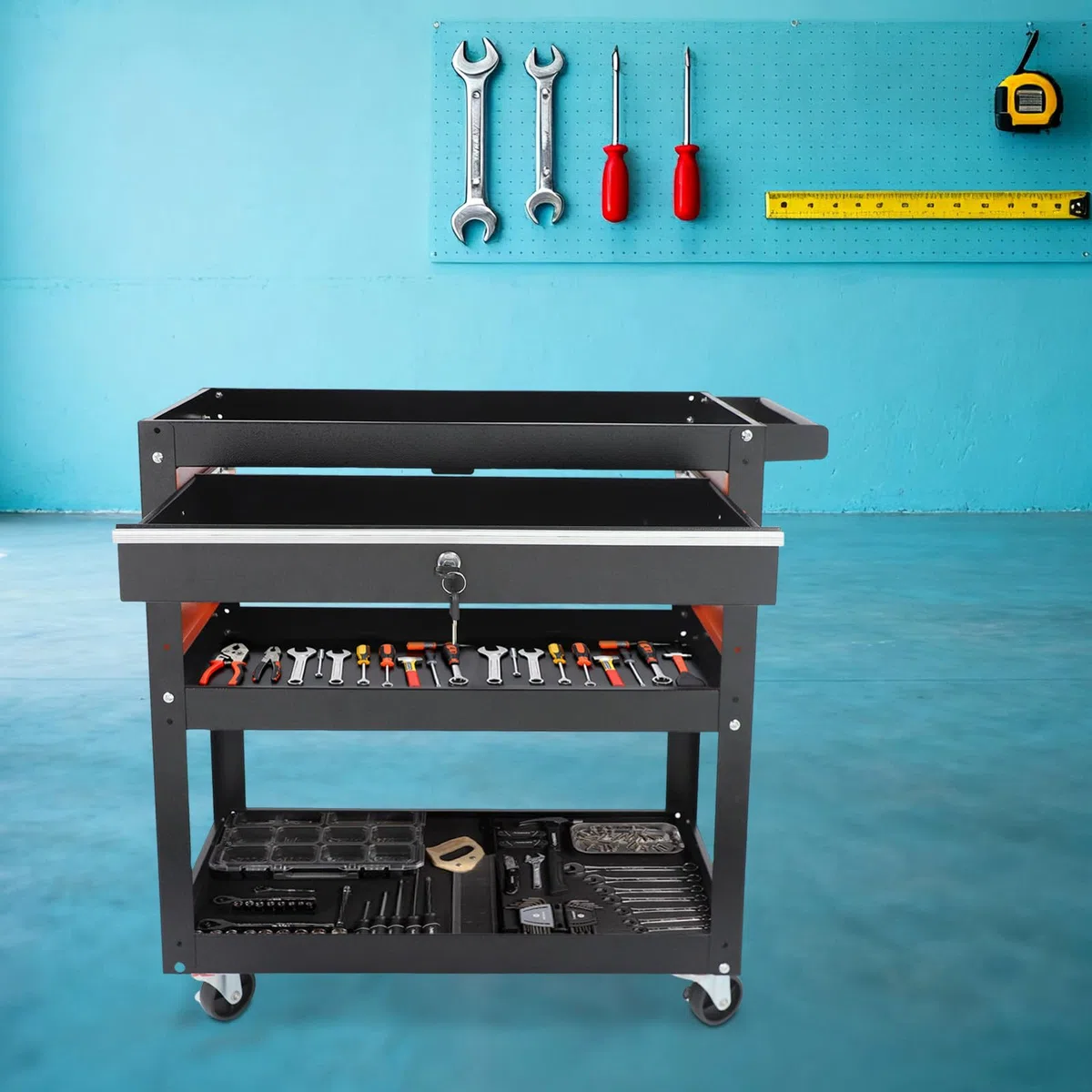 Carro de taller de 3 niveles, carro de servicio de metal, carro con ruedas, taller con cajón con cerradura, carro de montaje, carrito multifuncional de 70 x 35 x 76 cm