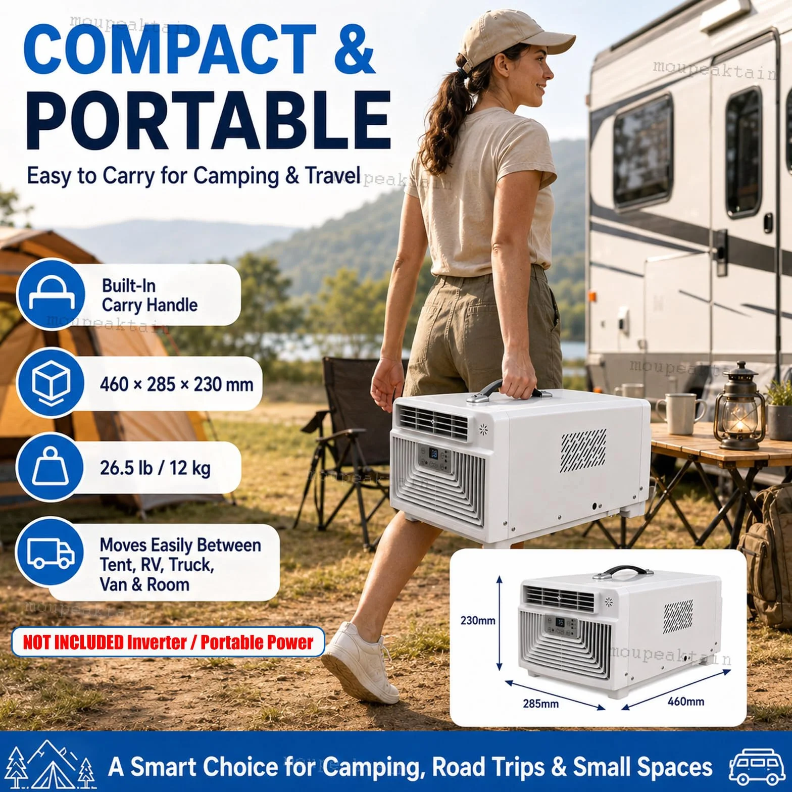 Aire Acondicionado Portátil 220V, 3400 BTU para Camping, Tienda y Autocaravana, 3 en 1 con Frío, Deshumidificador, Ventilador, Mando a Distancia, Temporizador 12H y Tubo de Escape