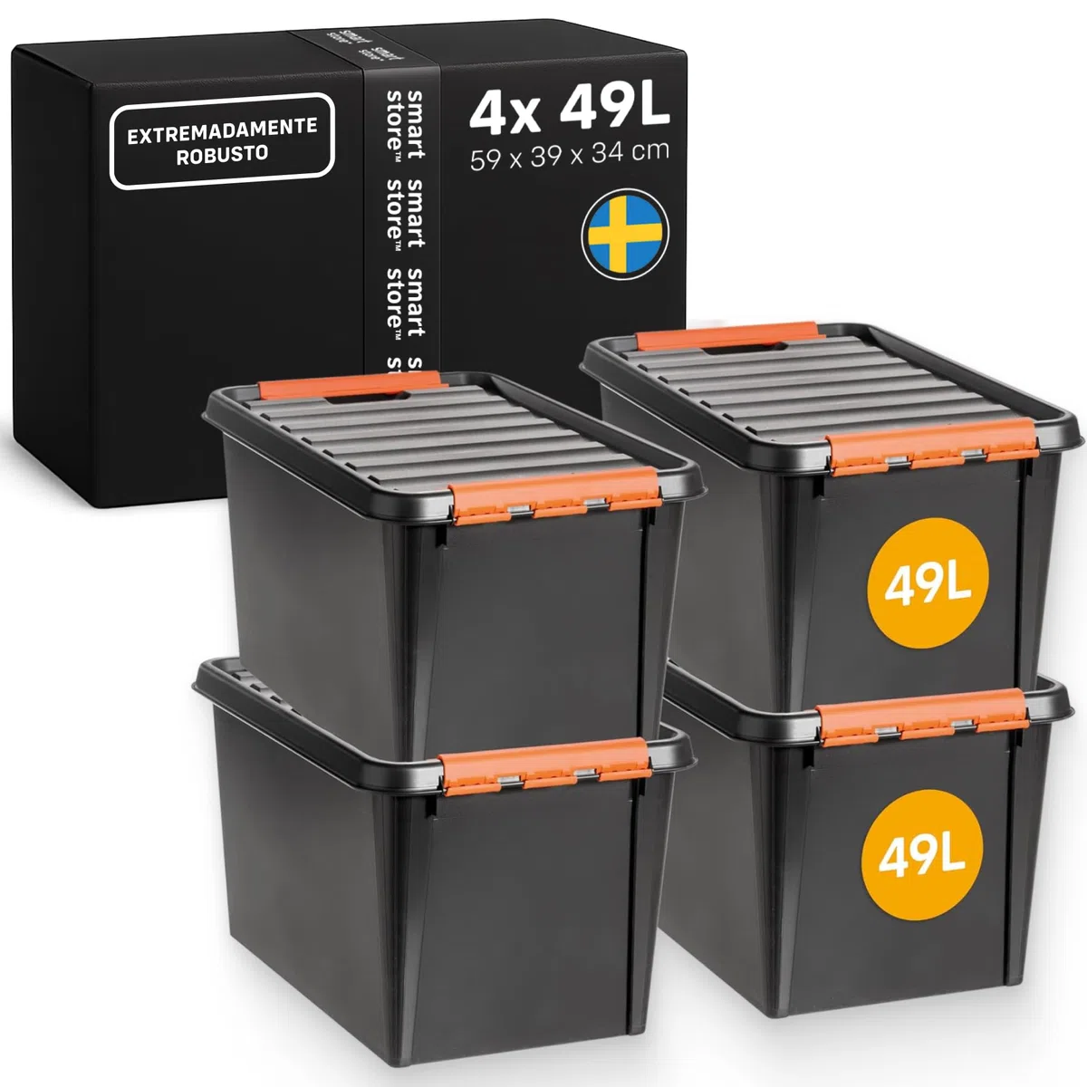 SmartStore Caja Almacenaje Resistente con Tapa I 49L I Pack 4 Cajas Apilables I Garaje Taller Mudanza I Cierre Clip I Made in Sweden I Negra I 59 x 39 x 34 cm