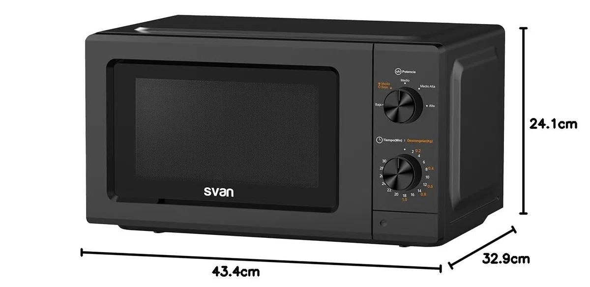 Svan Microondas 19 Litros Básico Negro SMW19700N. 700W, Programas, Modo Descongelación, Revestimiento Interior, Fácil Limpieza, Temporizador 30min.