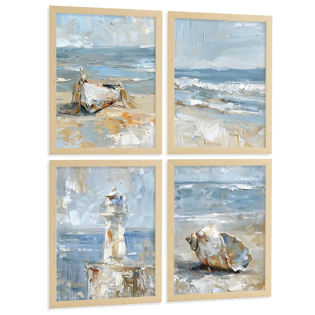 Nacnic Juego De 4 Cuadros De Playa, Mar, Costa Azul, Faro, Barca. Decoracion De Pared De Arte. Dia De Mar. Laminas Decorativas Pared Baño, Cocina,Salón Y Dormitorio. Tamaño A3 Marco Madera Clara