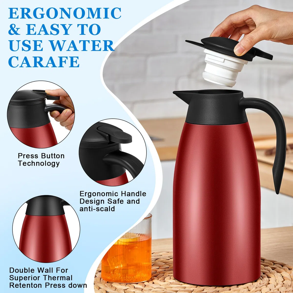 Uiifan 2 jarras térmicas de café de 68 onzas con aislamiento de acero inoxidable, jarra de café térmica de doble pared, jarra de café con cepillos para mantener el café y el té durante 12 horas (rojo