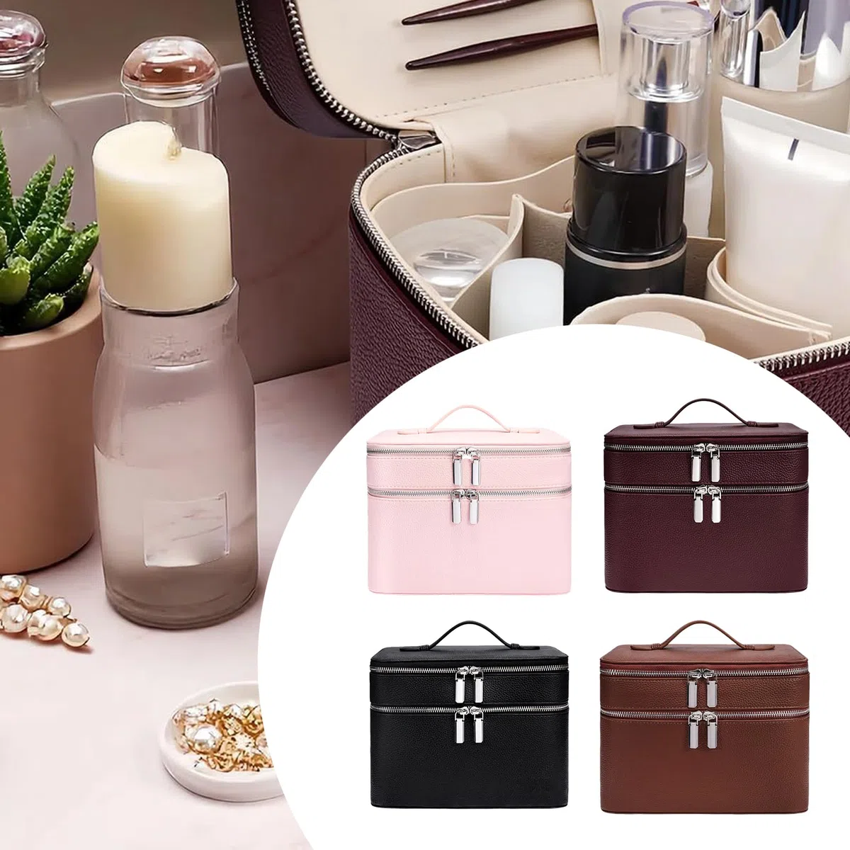 Soporte para cosméticos de viaje de PU, moderno, con áreas separadas para cepillos y artículos diarios, caja de maquillaje de carcasa