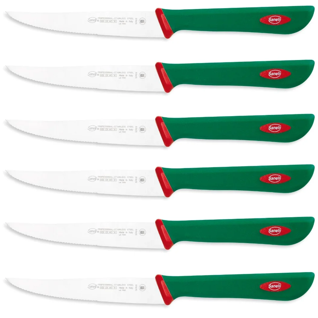 Sanelli Línea Premana Professional,Estuche Cuchillos Chuleta 6 pz.,Acero Inoxidable,Verde y Rojo,25.5x15.5x2.0 cm