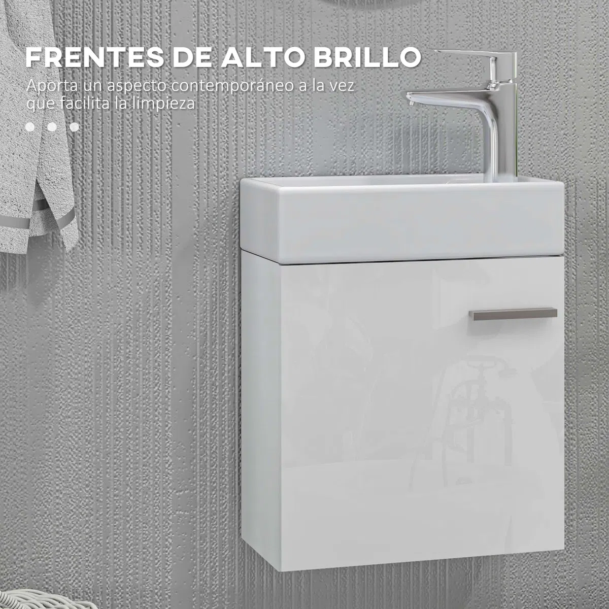 HOMCOM Mueble de Baño Estrecho con Lavabo de Pared 40x23x50cm Blanco Brillo | Mueble para Lavabo, con Puerta, Cierre Suave, Estilo Moderno