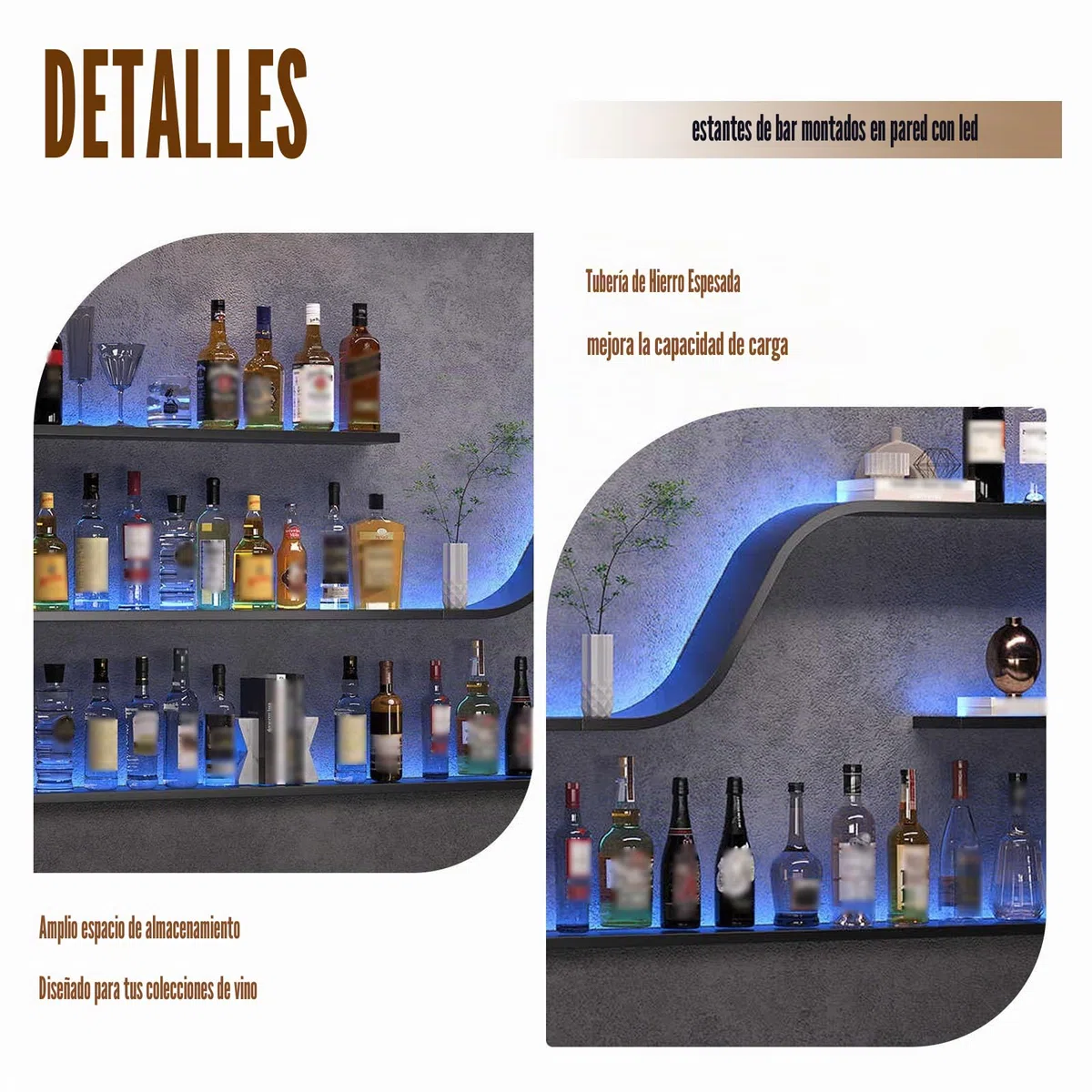 Botellero de Vino Montado en la Pared con Luz LED, Estantes de Vino Decorativo de diseño curvo moderno, 3 Niveles Estante para Exhibición De Vinos, para Bar doméstico, Cocina, Catering (negro, 150cm)