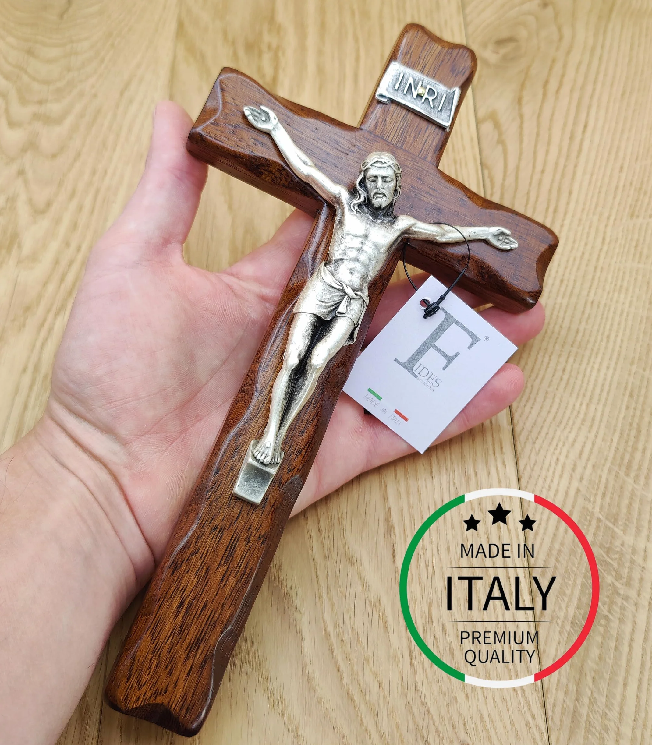 Crucifijo de madera para colgar en la pared, Cristo de plata, fabricado en Umbría (Italia), 25 x 14 cm
