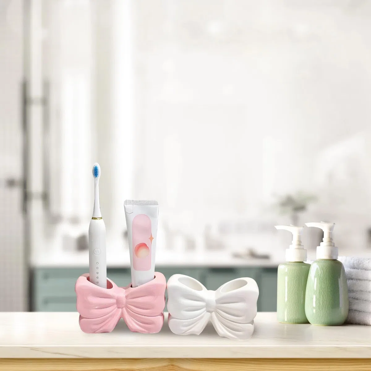 2 soportes para cepillos de dientes, accesorios de baño con lazo de cerámica, bonitos organizadores de cepillo de dientes y pasta de dientes, soportes de cepillo de dientes rosa y blanco a prueba de