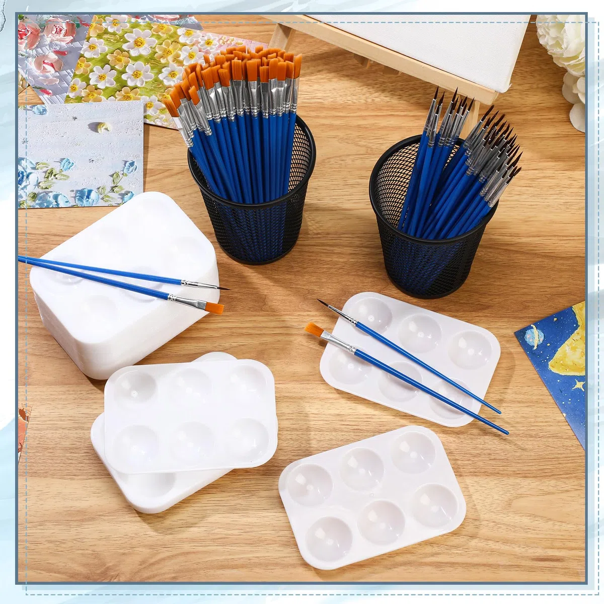 Juego de 100 pinceles de pintura de nailon, 50 paletas de bandeja de pintura, paletas de plástico, pinceles de pelo de nailon para acrílico, aceite, acuarela, estudiantes, fiesta de pintura