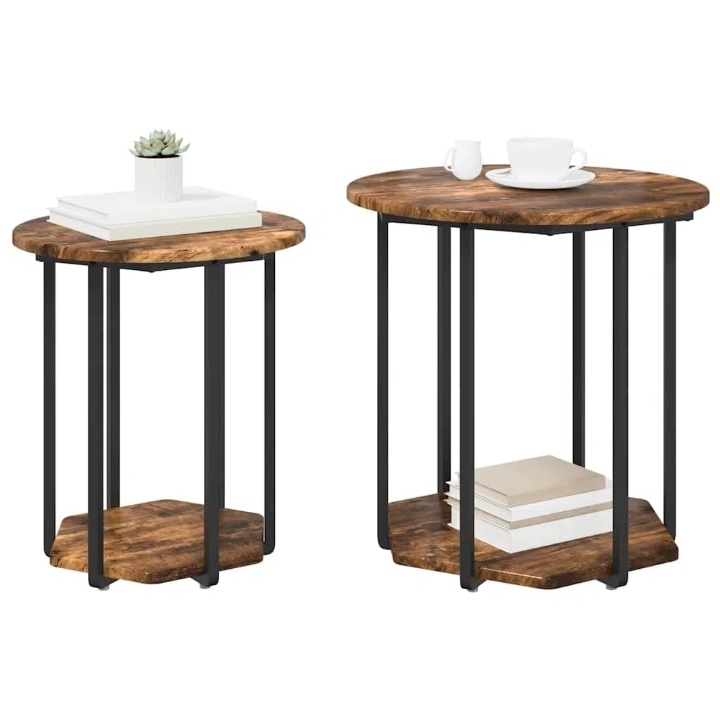 Juego de mesa auxiliar marrón con estante, 2 piezas, madera de ingeniería y metal, 50 x 50 x 50,5 cm y 40 x 40 x 45,5 cm, moderna mesa de centro con estante, versátil y duradera