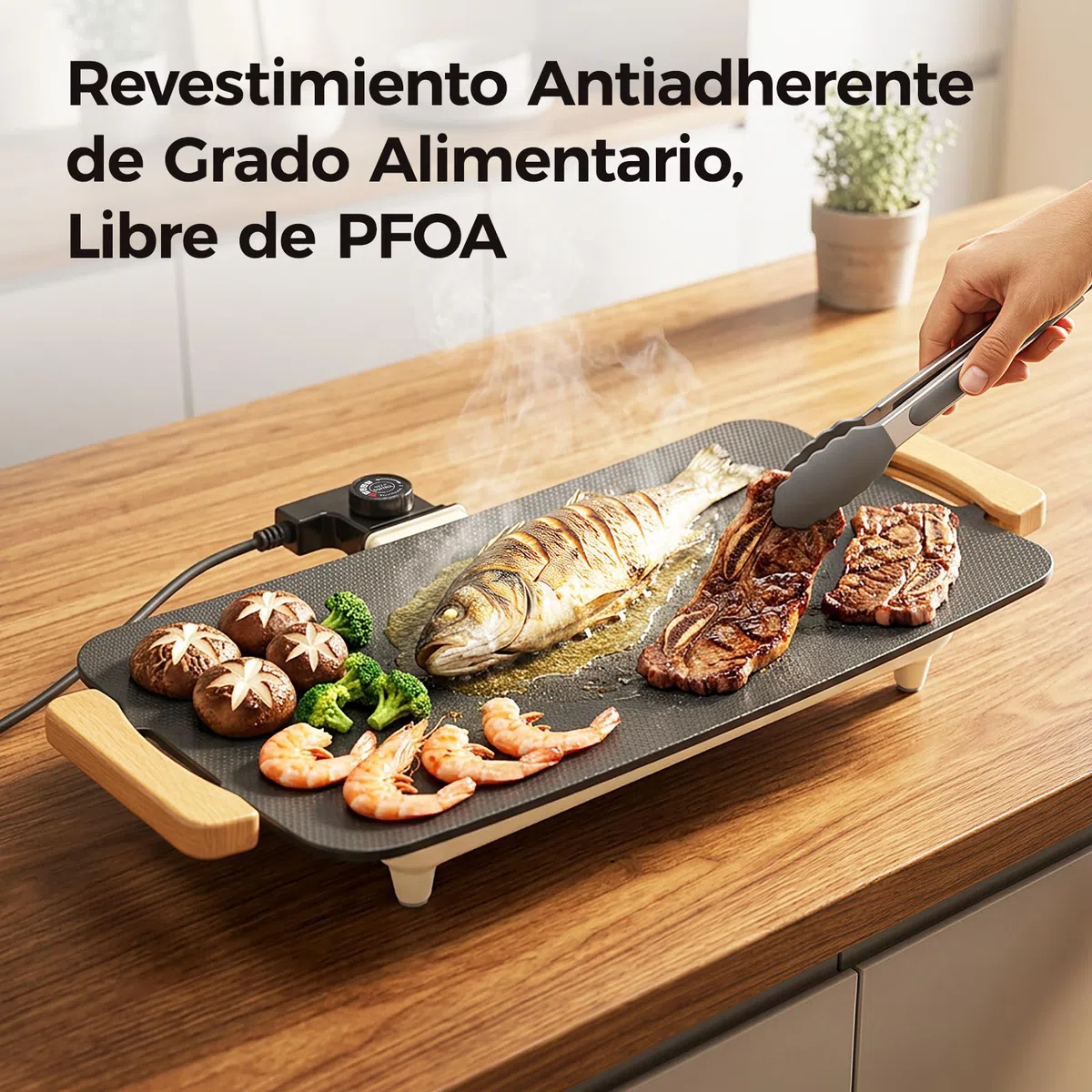 WOOX 1380W Plancha de Asar Eléctrica – Superficie 51x30 cm, Antiadherente, Comidas Familiares, Tortitas y Carne, Calentamiento Rápido, Sin PFAS, Asas de Roble, Fácil de Limpiar