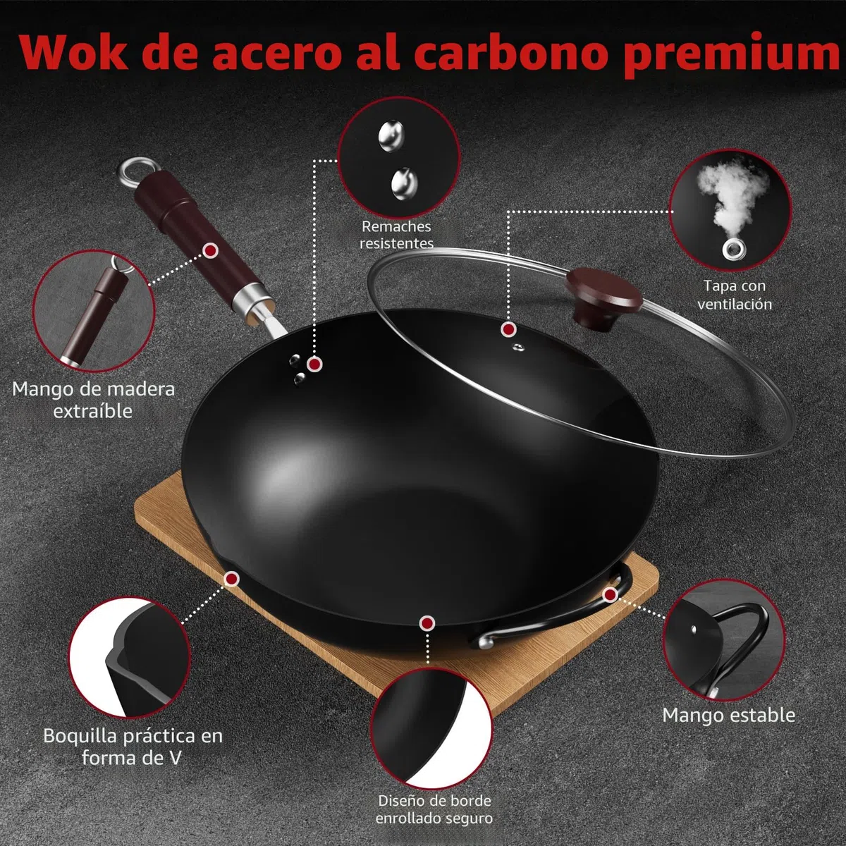 Jobin 32 cm/12,6'' Wok de Acero al Carbono con Tapa, Asas de Madera y Acero, Puede Cocinar Platos Asiáticos Para 3-5 Personas - Fondo Plano
