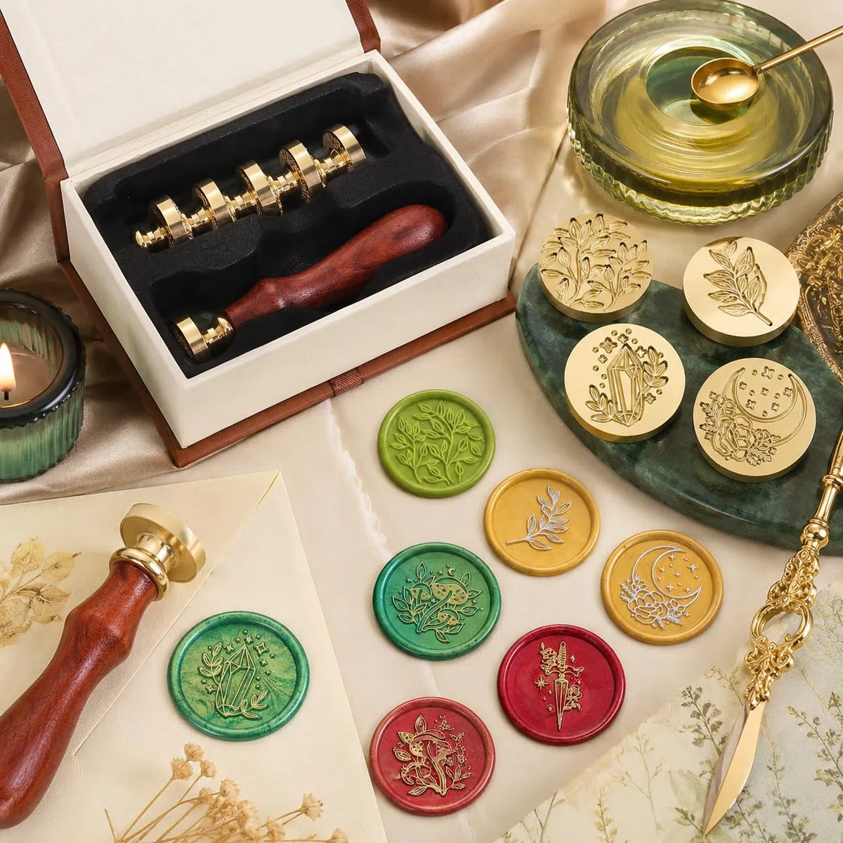 SWANGSA Juego de sellos de cera, 6 piezas vintage con patrón de plantas de flores y cabezas de sello de cera + 1 juego de sellos de sellado de mango de madera (conjunto botánico)