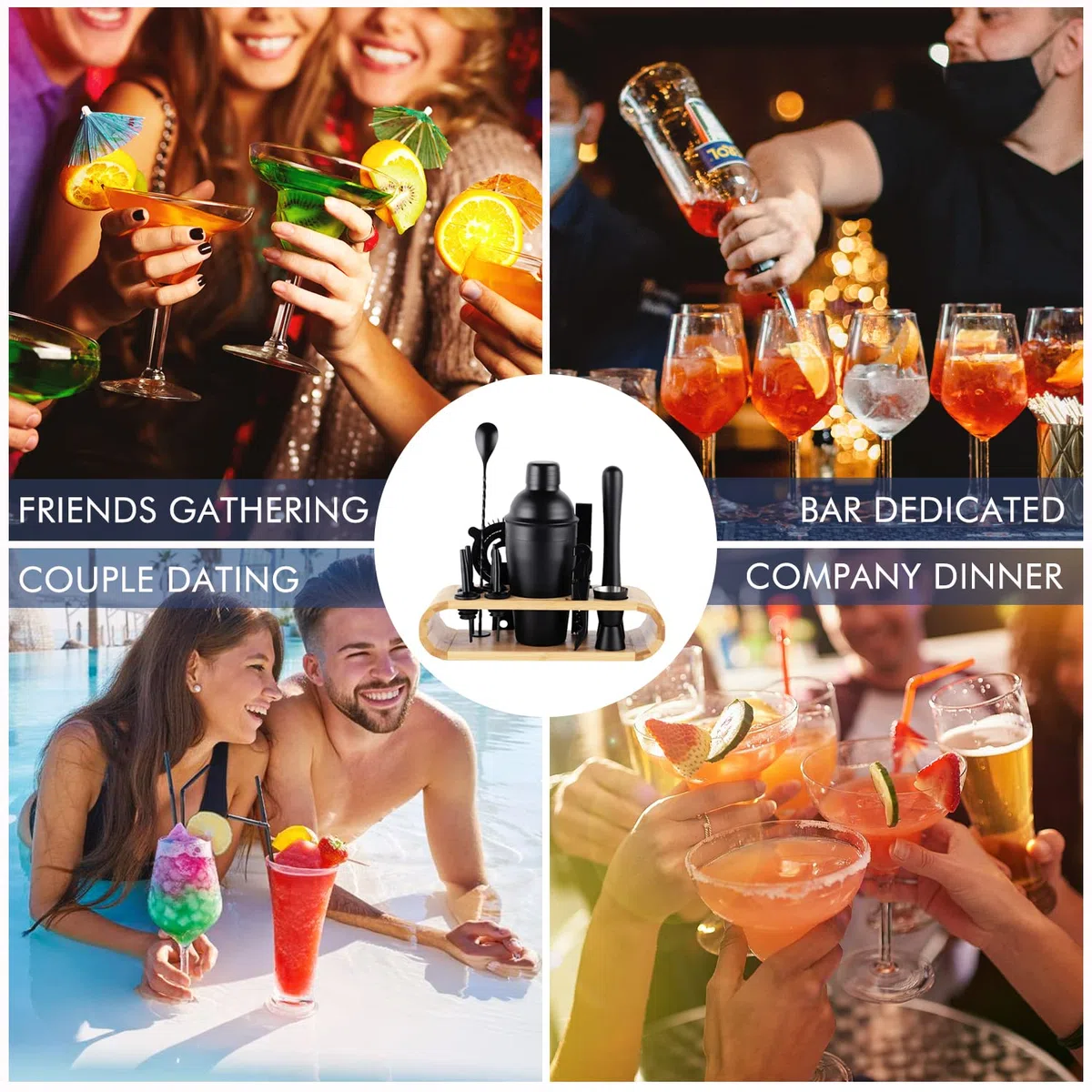 JNWINOG Juego de 12 coctelera de acero inoxidable para barman de 18.5 onzas, juego de cóctel de mezcla de cócteles, kit de preparación de bebidas, bar profesional y herramientas de bar para el hogar