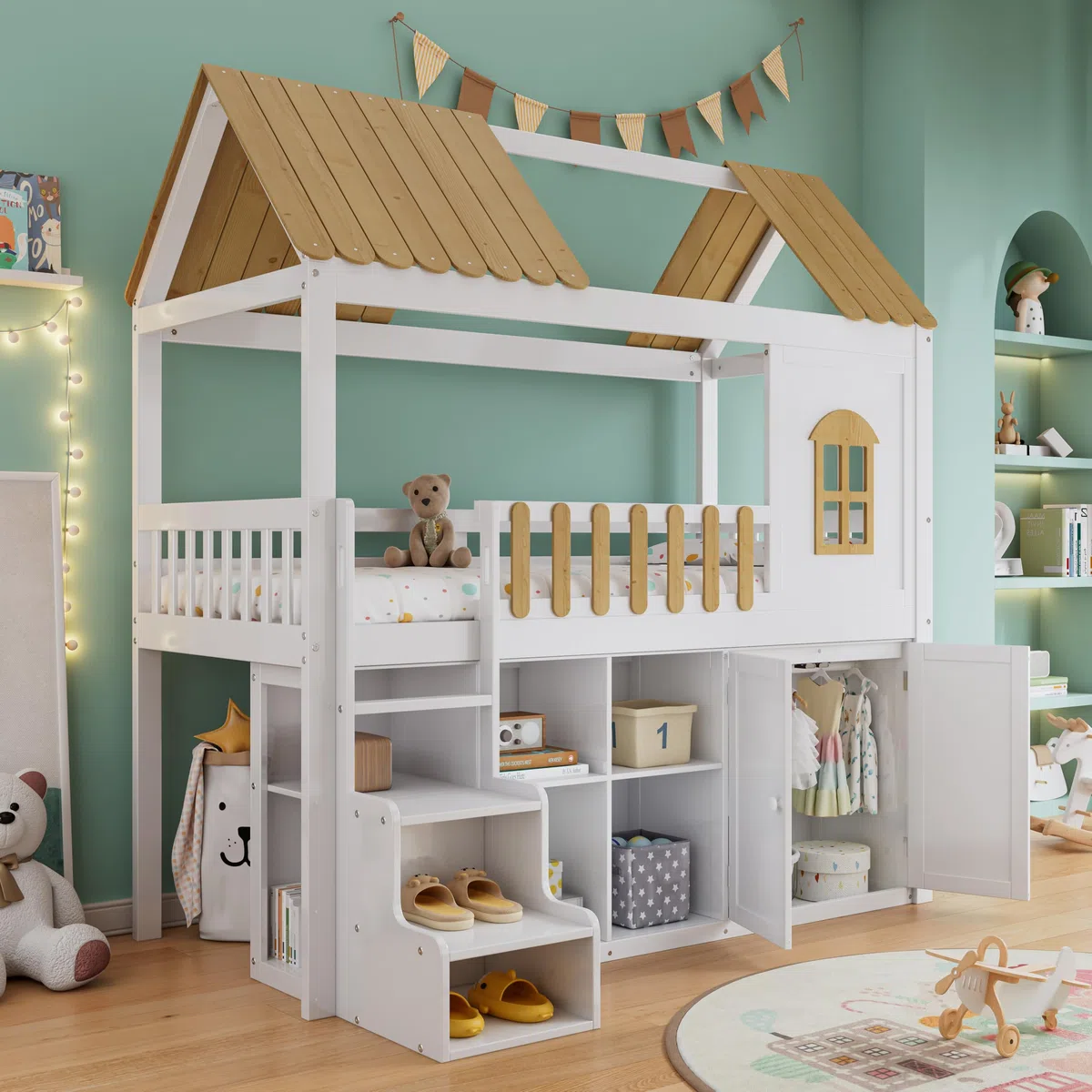 Cama alta de 90 x 200 cm, cuna con armario, cama de madera con ventana y zapatero, cama para niños y adolescentes (sin colchón) blanco+pino natural