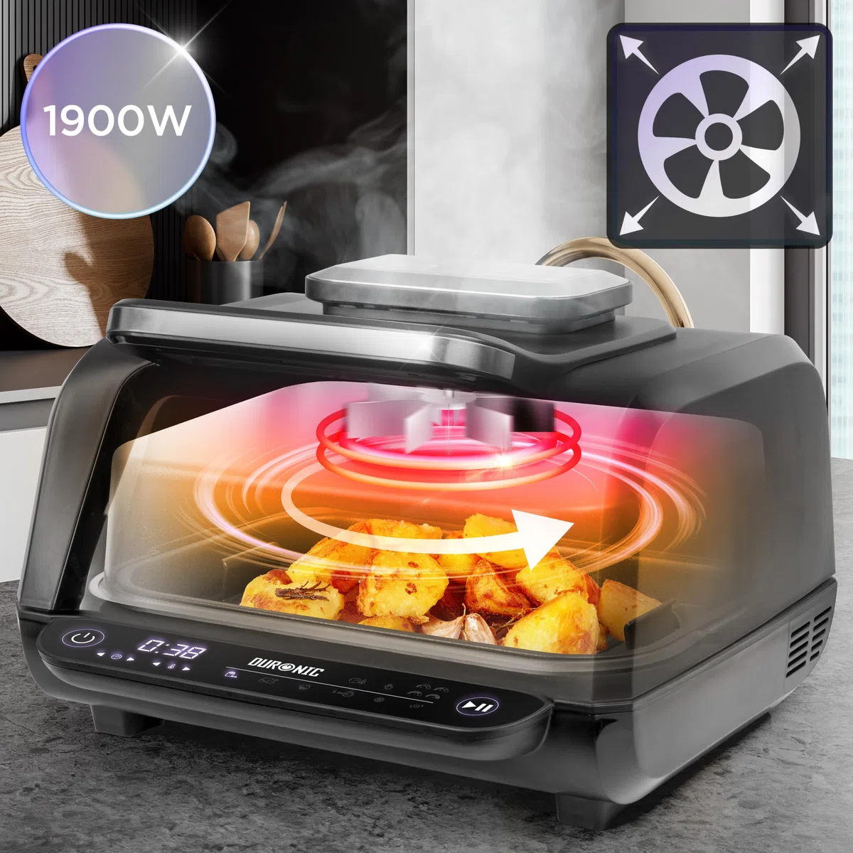 Duronic FG19 Freidora de aire 1900 W | Air Fryer 2 grill | Freidora sin aceite | Airfryer para cocinar pizza, asar, freir, hornear, barbacoa | Fácil de limpiar | 6 Modos preconfigurados | 50º-230º | para Cocinar Pizza, Asar, Freír, Hornear y Barbacoa, 6 M