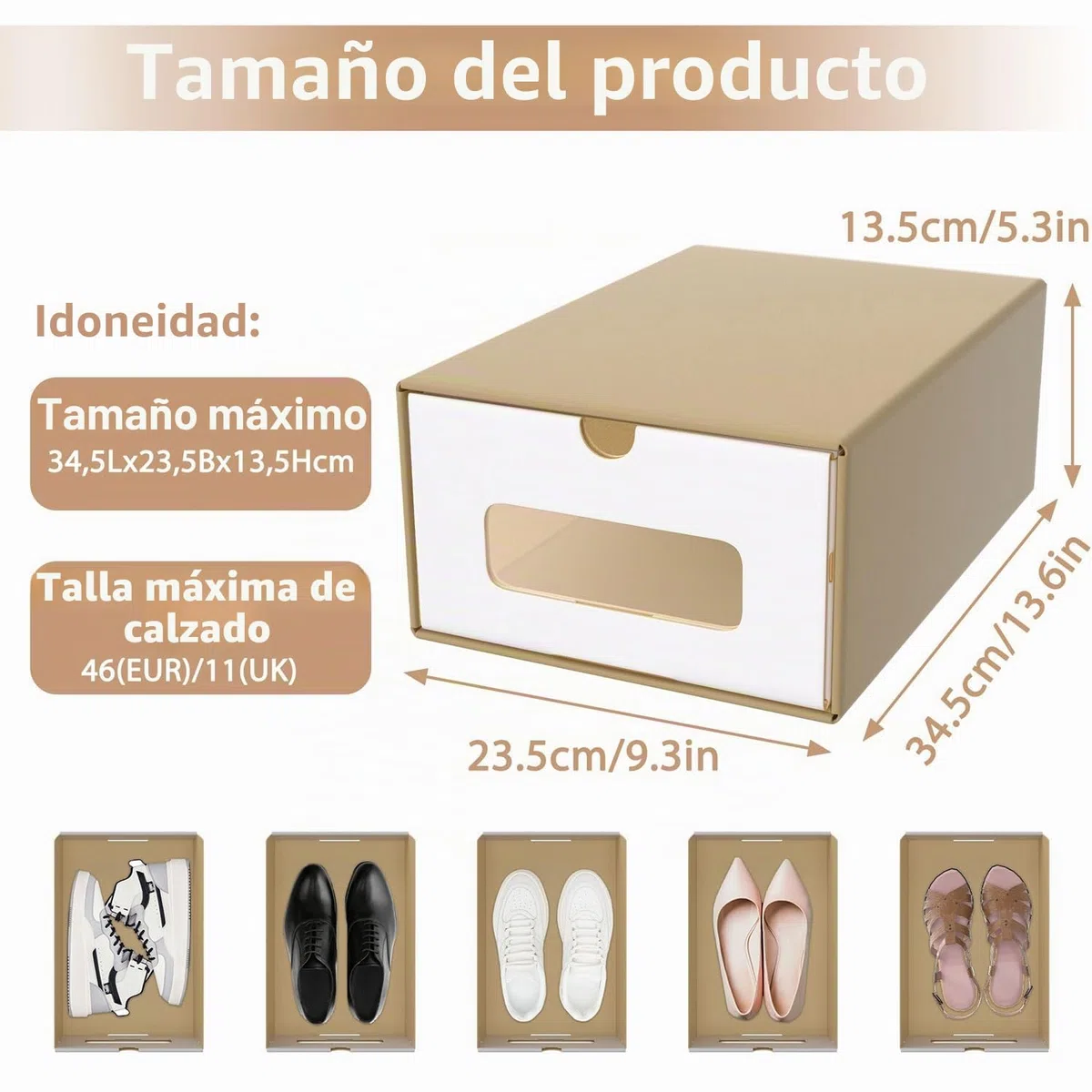 ACXIN Juego de cajas apilables para zapatos, cajones con ventana transparente, cartón de papel kraft, 34,5 x 23,5 x 13,5 cm, 10 unidades, color marrón