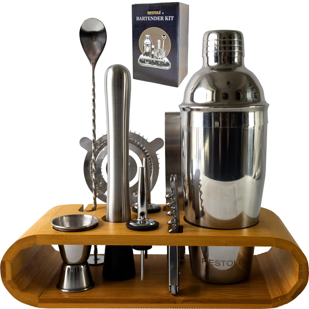 Juego de camarero: kit esencial de 10 piezas para hacer cócteles perfectos en casa, bar, salón y fiesta. Coctelera plateada de 24 onzas y un soporte de madera incluido.