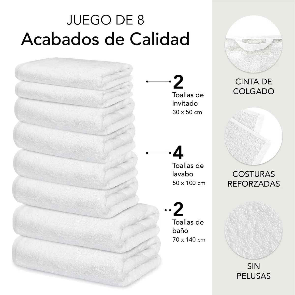 Ôhm Juego de Toallas de Baño 8 Piezas 100% Algodón 500 g/m² – 2 Toallas Ducha 70x140 + 4 Toallas Lavabo 50x100 + 2 Toallas Mano 30x50 – Set Familiar Alta Absorción – Blanco – Oeko-Tex