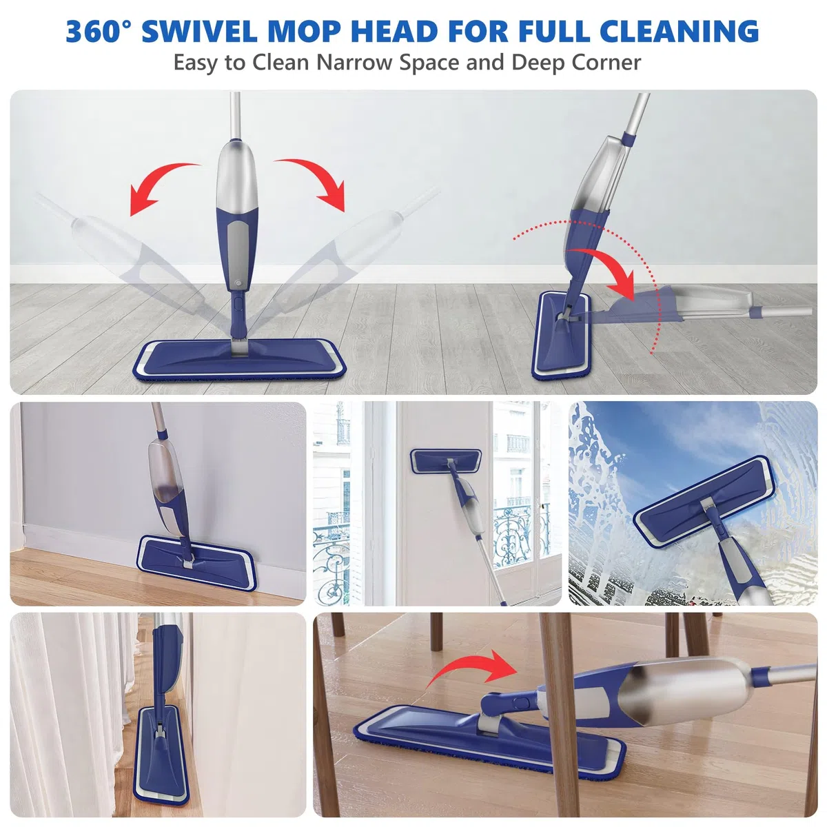 BPAWA - Mopas de pulverización para limpiar suelos, mopa de microfibra para suelos duros con pulverizador, mopa plana y seca para suelos laminados, azulejos de madera, vinilo, con 4 almohadillas