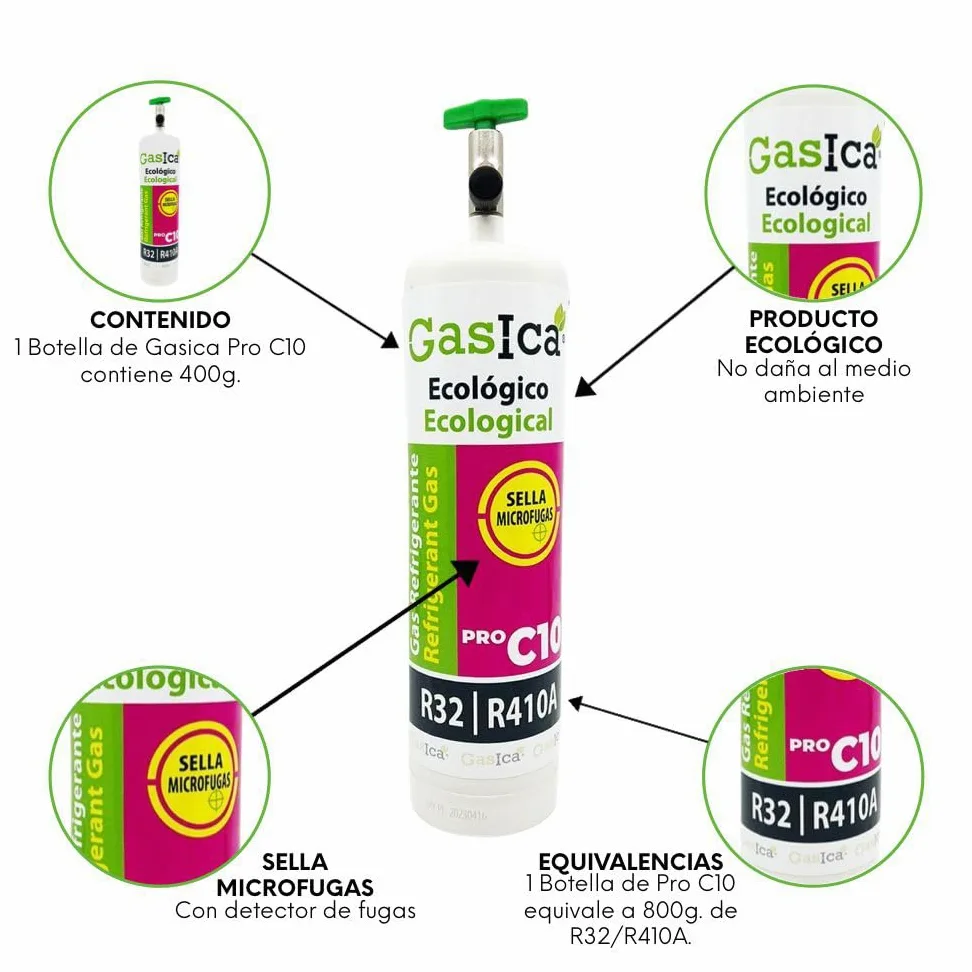 ALL4SALE Envase Gas Refrigerante Ecológico Orgánico Gasica C10 Pro 400gr Peso Neto Compatible con R410A R32 Equivale a 800gr con Válvula Incluida para Aire Acondicionado Split