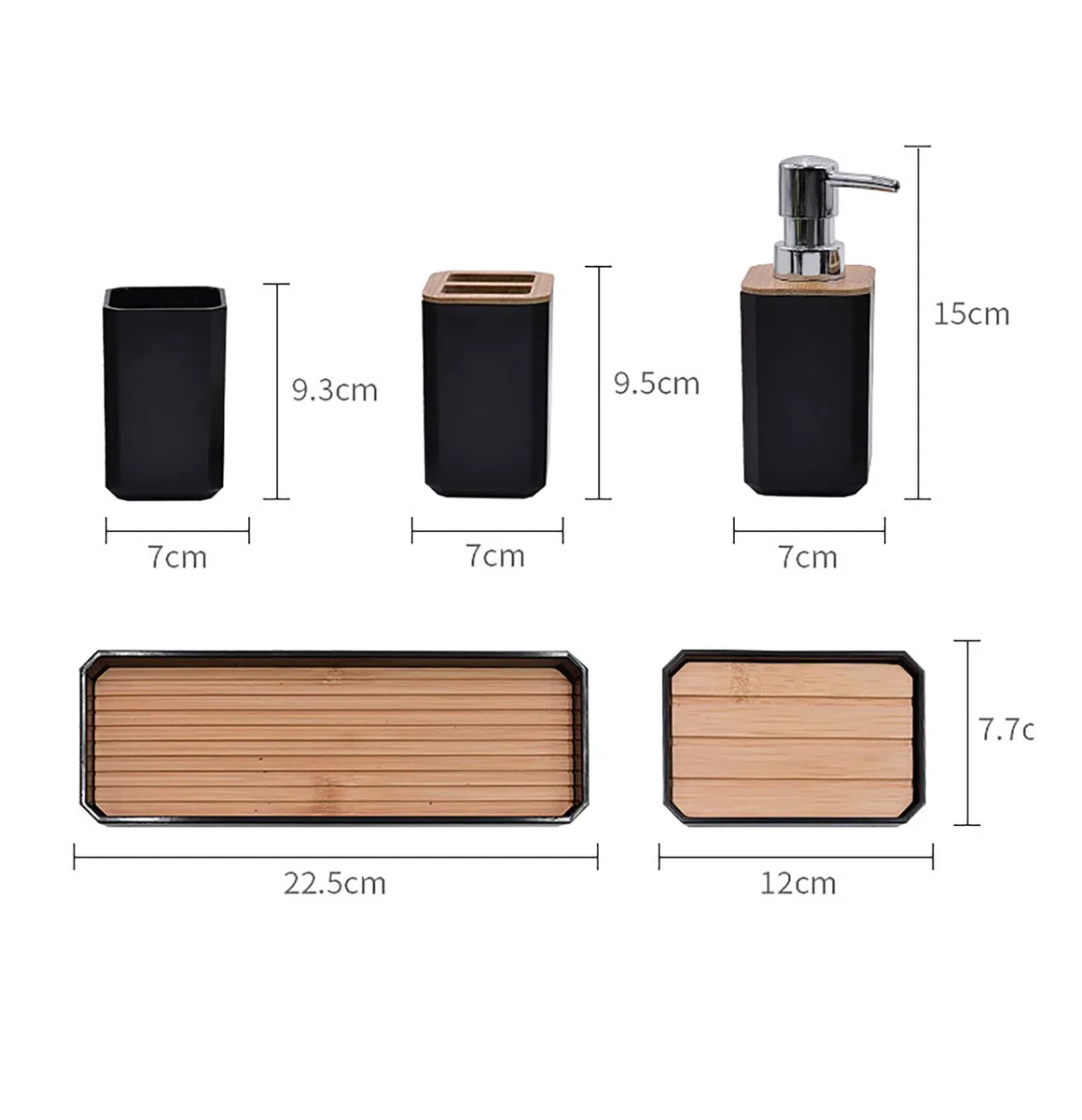 Juego de accesorios de baño de 5 piezas, plástico con detalles cromados y efecto bambú, dispensador de jabón, soporte para cepillo de dientes, vasos y jabonera