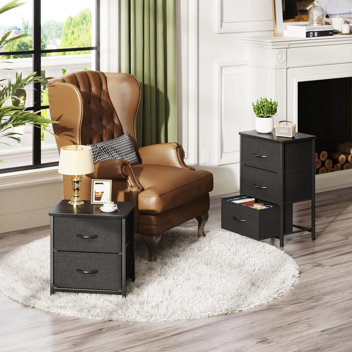 CAIYUN Cómoda de cabecera con 3 cajones, estrecho armario de tela, aparador con tablero de madera, almacenamiento para dormitorio, sala de estar, pasillo, diseño moderno, negro, ahorro de espacio
