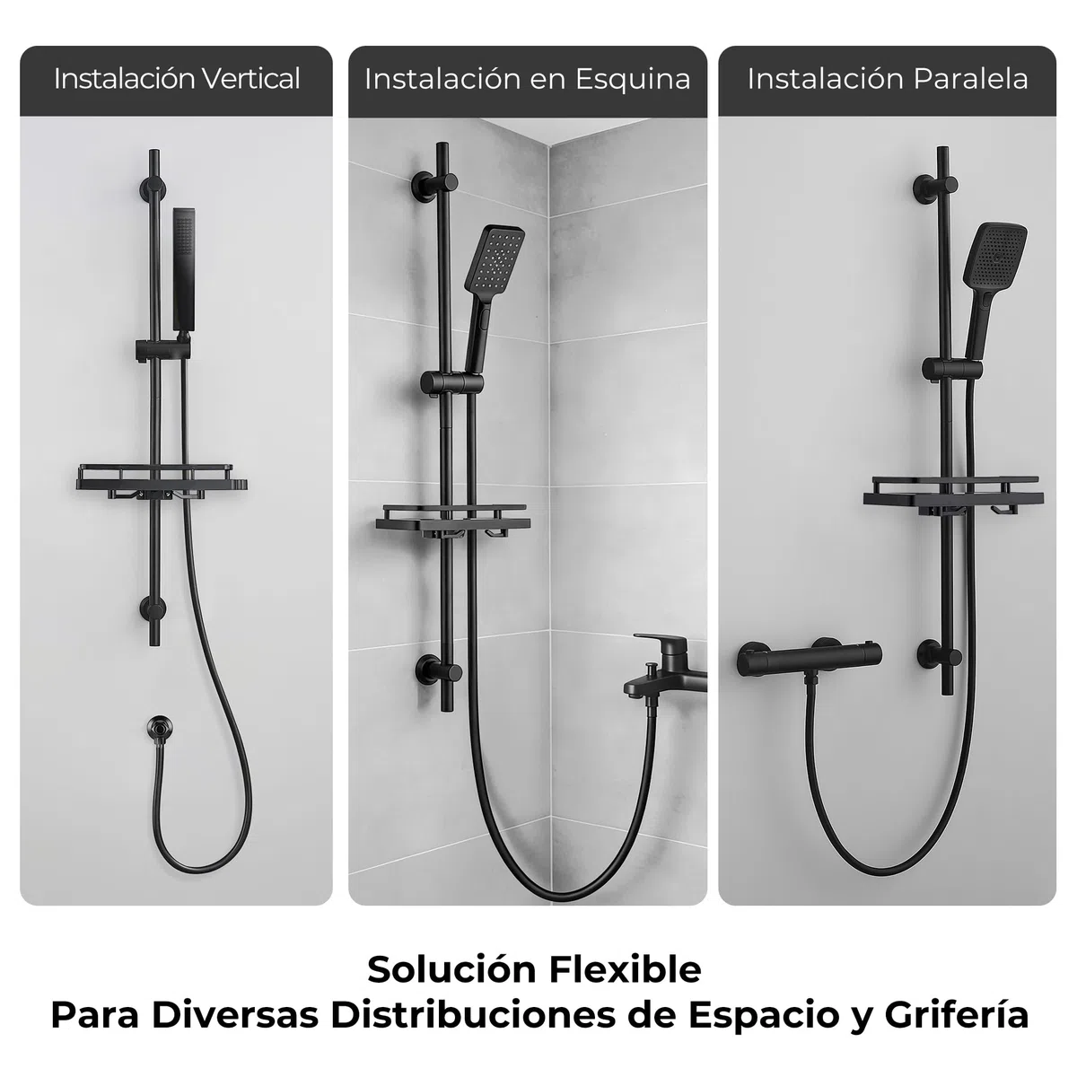 Görbach Barra de Ducha 100 cm de Acero Inoxidable, Columna Sin Grifo con Soporte de Alcachofa y Soportes de pared, Estante Ducha Ajustable en Altura, Negro