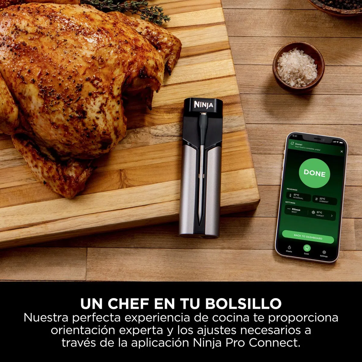 Ninja ProChef Sensor digital de cocina inalámbrico, uso exterior e interior, cocinar, asar y freír con aire, resistente al agua, Bluetooth alcance 50m, conexión a app, automomía 30 h, WP100EU