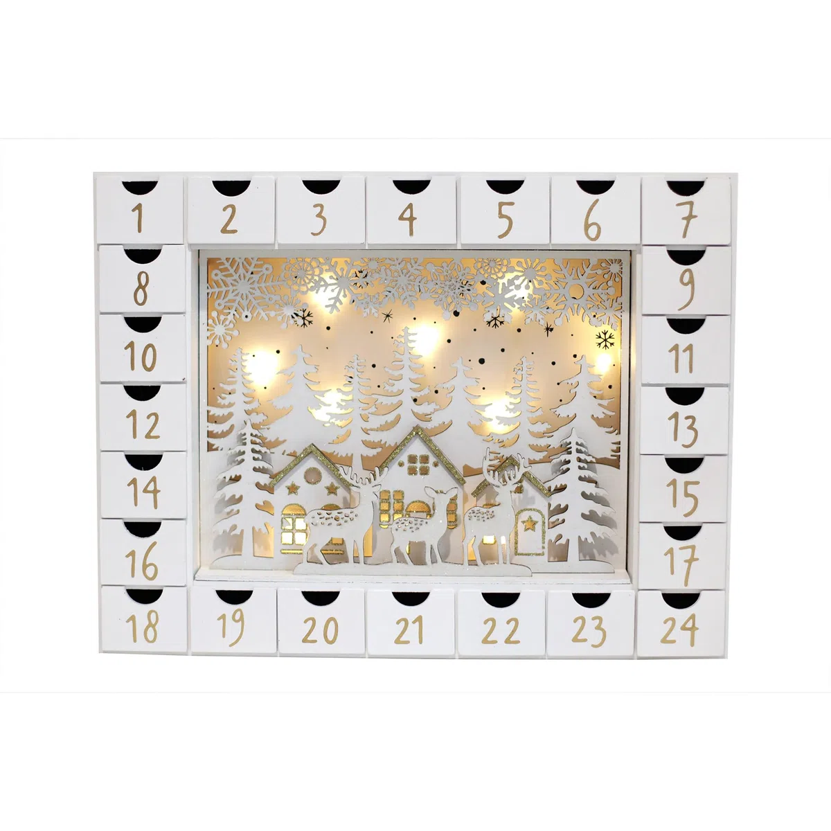Calendario de Adviento de madera de polietileno con 24 cajones para llenar pequeños regalos, escena de Navidad con luces LED, cuenta regresiva para decoración de mesa de Navidad para adultos y niños,