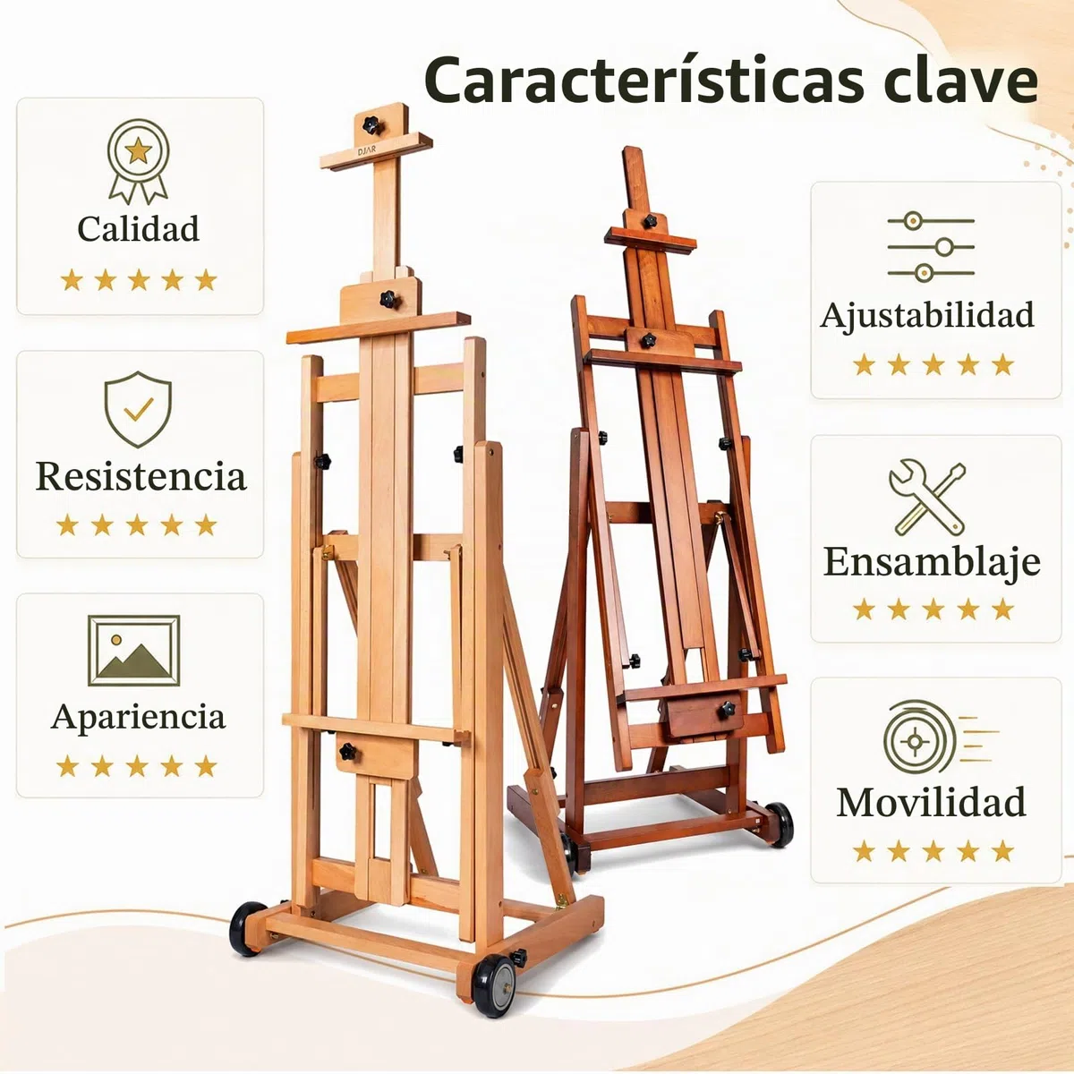 DJAR Caballete de Estudio Grande en H, Caballete de Suelo Ajustable de Madera de Haya Maciza, Inclinable Plano, Soporta 1 o 2 Lienzos hasta 198 cm