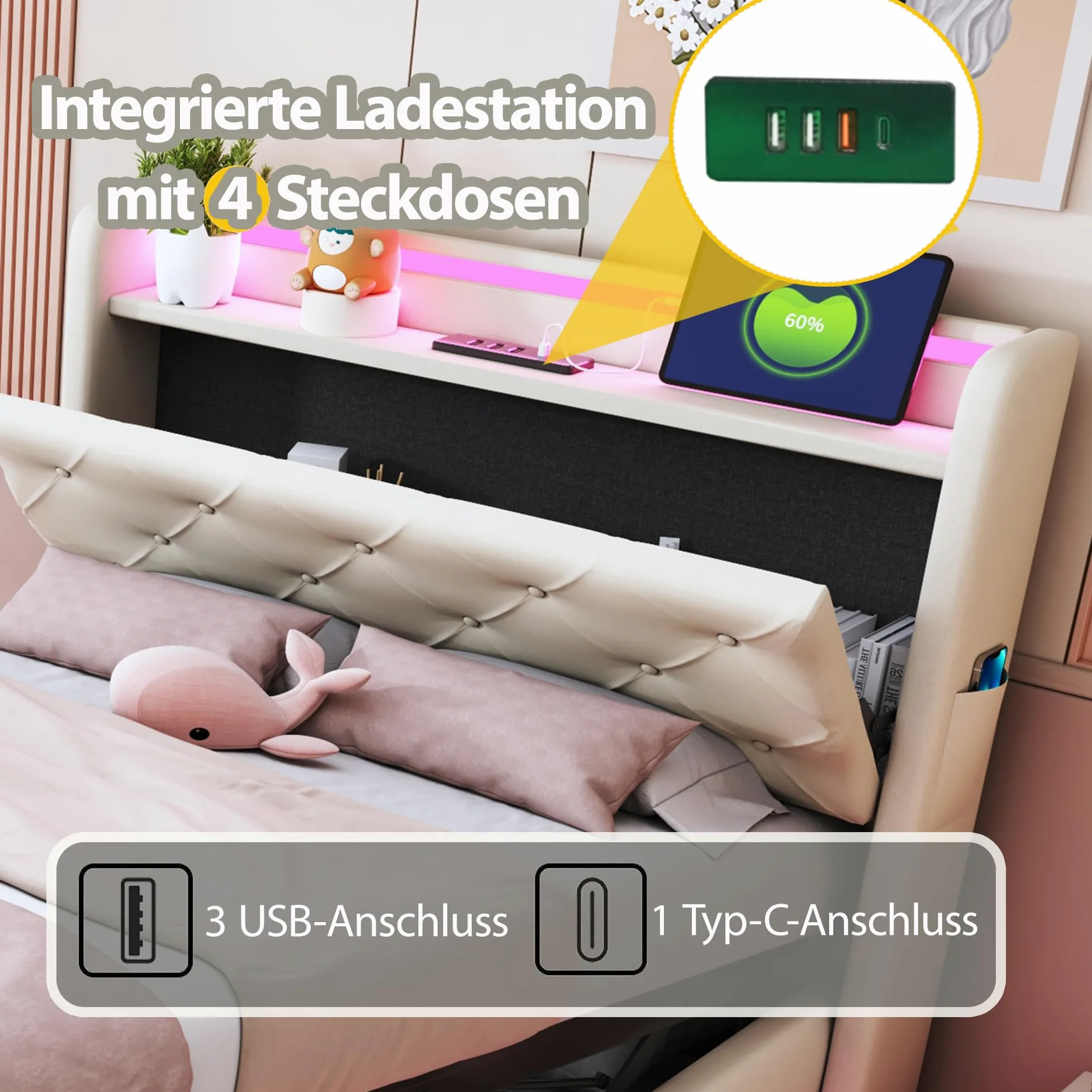 Cama Tapizada Cama Infantil 90x200 cm con Luz LED y USB, Camas Juveniles Individual con Cabecero Reversible y Almacenamiento Hidráulico, Estructura Camas Individuales, Lino, Sin Colchón, Beige