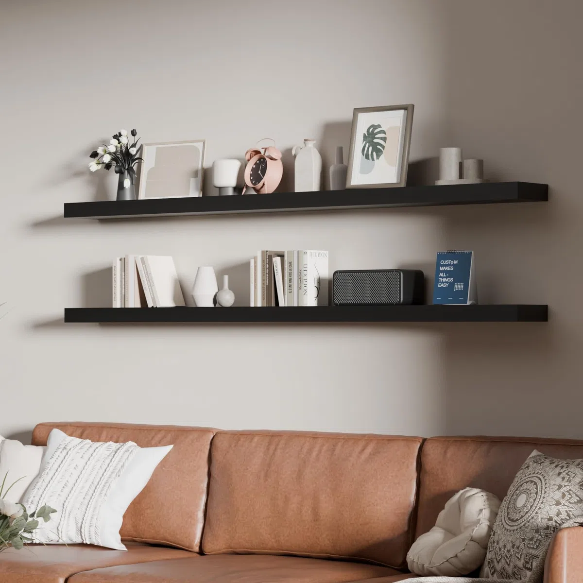 Estantes flotantes de 60 pulgadas de largo para pared, estantes largos de madera maciza, juego de 2, estantes rústicos montados en la pared con soportes invisibles para decoración y