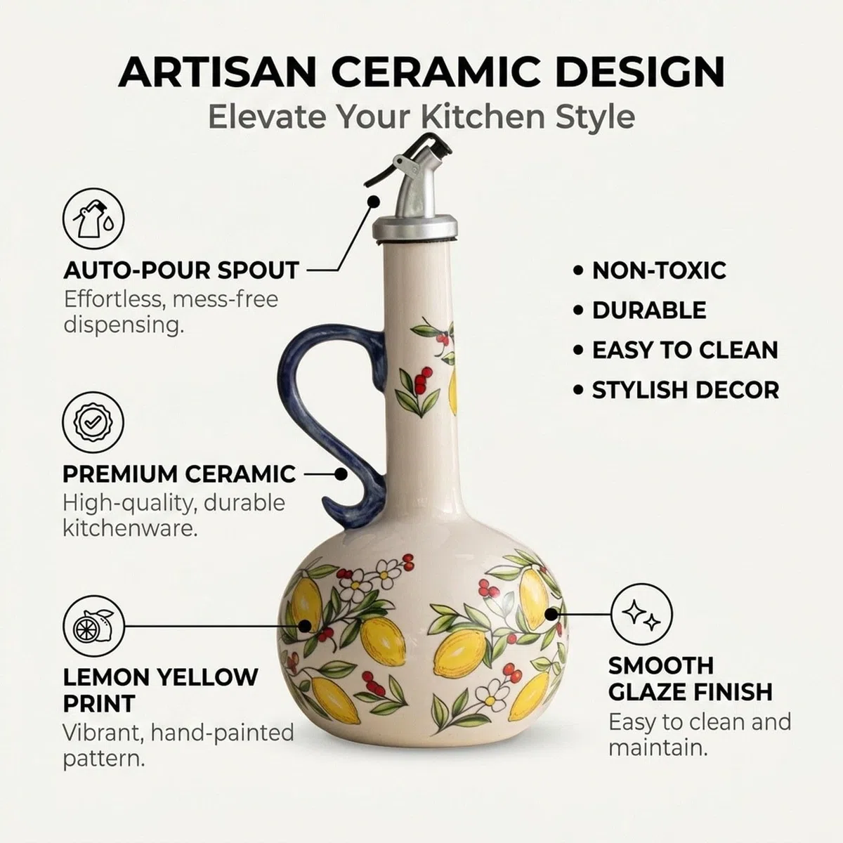 Botella Dispensadora Aceite Vinagre Cerámica Oliva Tarro Moderno Creativo Diseño Vertido Fácil Contenedor Líquidos para Cocinar Servir Hogar Restauran, Amarillo, Individual