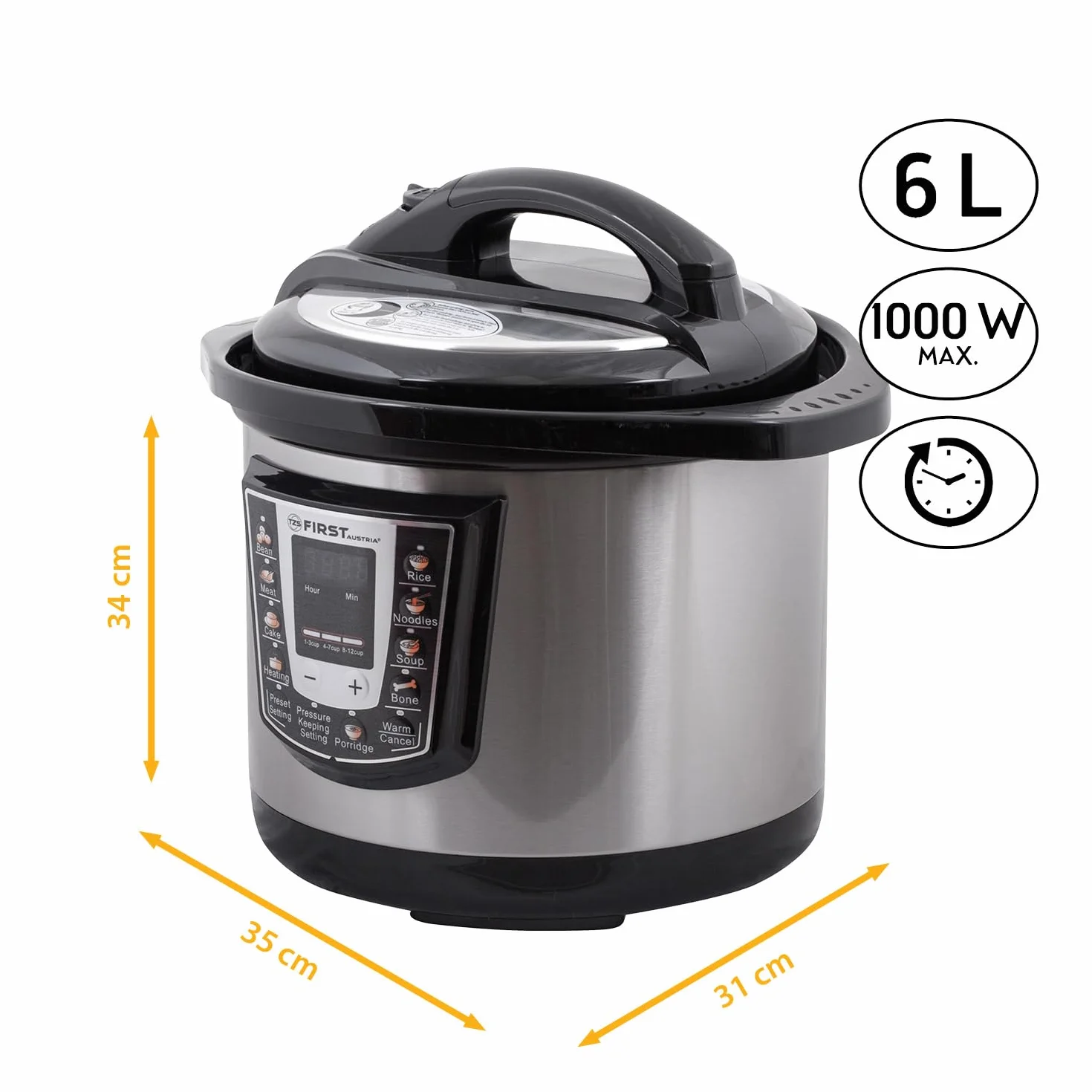 TZS First Austria - Olla a presión eléctrica 6L con 9 programas automáticos - Multicooker 1000W como arrocera, vaporera, Crock Pot, etc. - Multiolla eléctrico a presión
