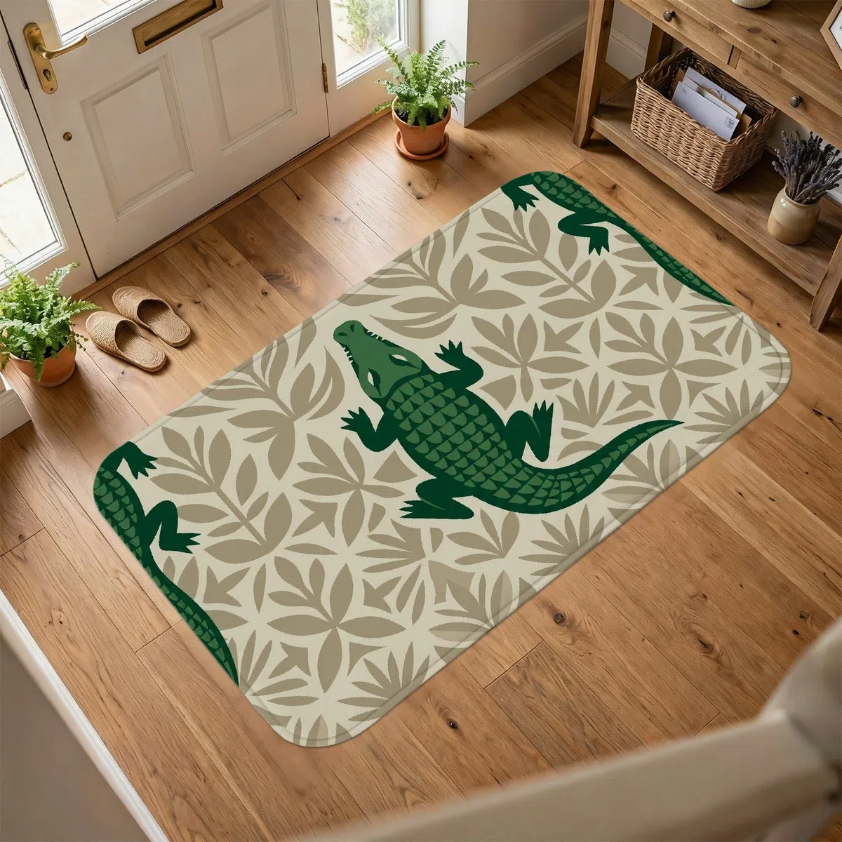 Alfombra de área de cocodrilo, diseño tropical de hojas naturales, sin esponja de pelo bajo, suave, rectangular, resistente a las manchas, para sala de estar, dormitorio, aula, decoración de