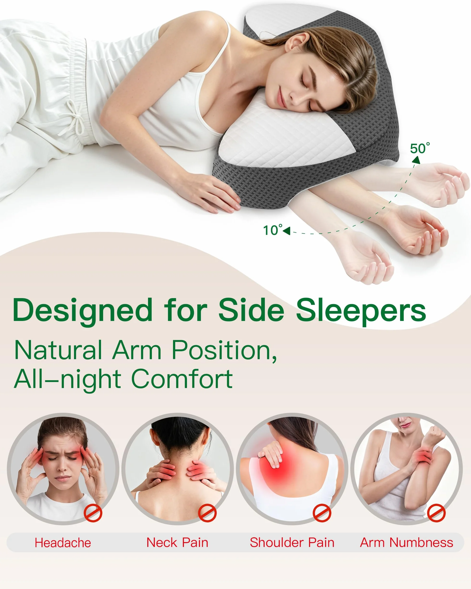 Almohada Dormir de Lado con Hueco Brazo, Almohada Cervical Ergonómica en Espuma Viscoelástica, Alivia Presión Hombros y Brazos, Almohada para Lado